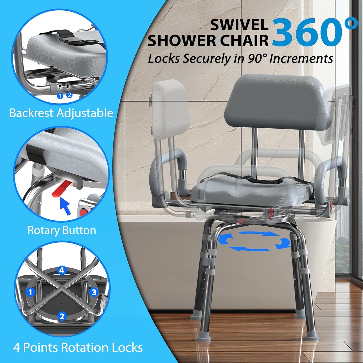 Swivel Shower Chair with Arms and Back,Anti-Slip Design,with Security Belt for Elderly and Disabled,Adjustable Height and Backrest,One-Touch Rotate Shower Chair,Gray