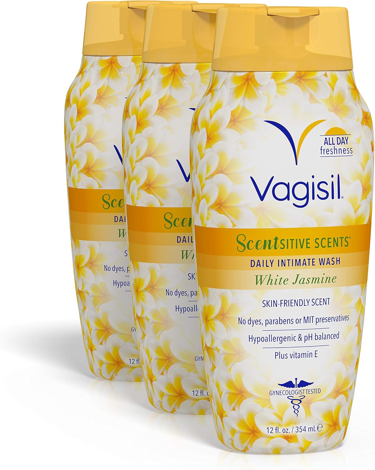 Vagisil Feminine Wash for Intimate Area Hygiene, Scentsitive Scents, pH Balanced and Gynecologist Tested, White Jasmine, 12 oz (Pack of 3)
