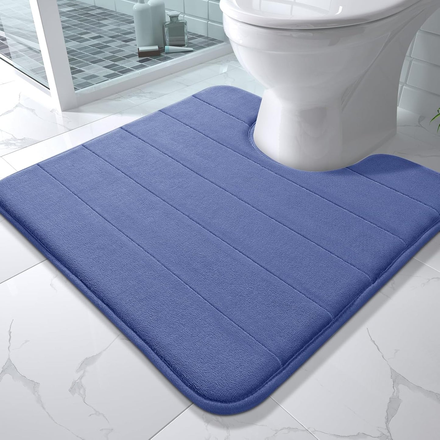 Yimobra Memory Foam Toilet Bath Mat U-Shaped, Soft and Comfortable, Super Water Absorption, Non-Slip, Thick, Machine Wash and Easier to Dry for Bathroom Commode Contour Rug, 24 X 24 Inches, Navy Blue