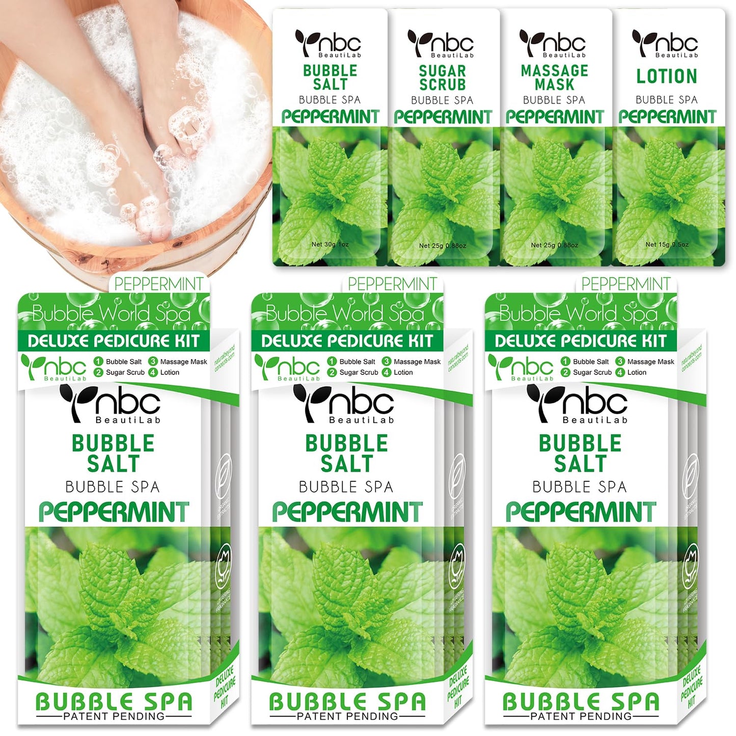 Pedicure Kit Foot Soak Set: Bubble Salt, Sugar Scrub, Massage Mask, Massage Lotion in a Box, 4 Step Foot Spa Kit for Dry Feet, Calluses and Tired Feet（3 Set Peppermint）