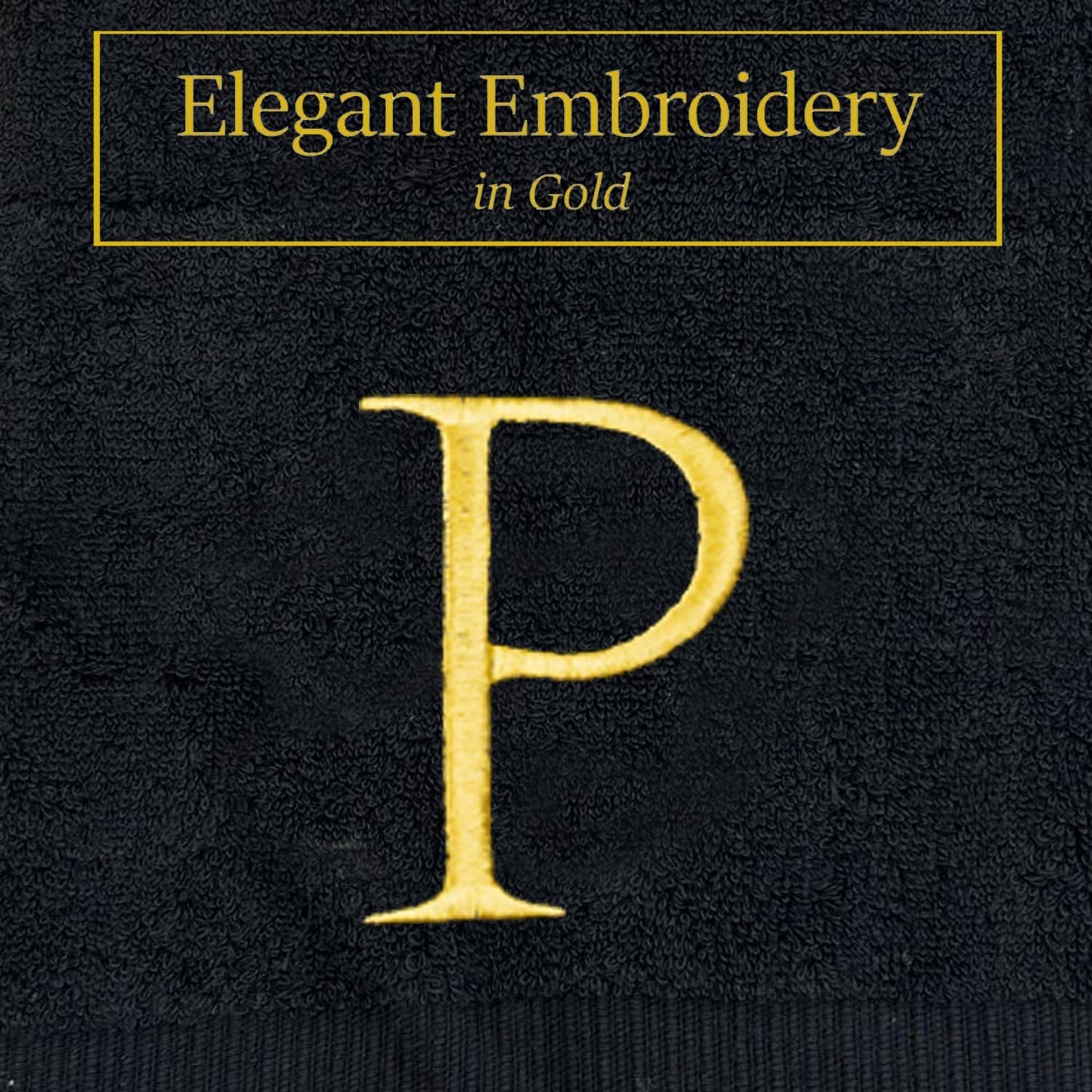 Black Monogrammed Hand Towel for Bathroom - Initial Hotel Quality Decorative Embroidered Luxury Towel for Powder Room, Spa - GOTS Organic Certified - Pack of 2, Letter P