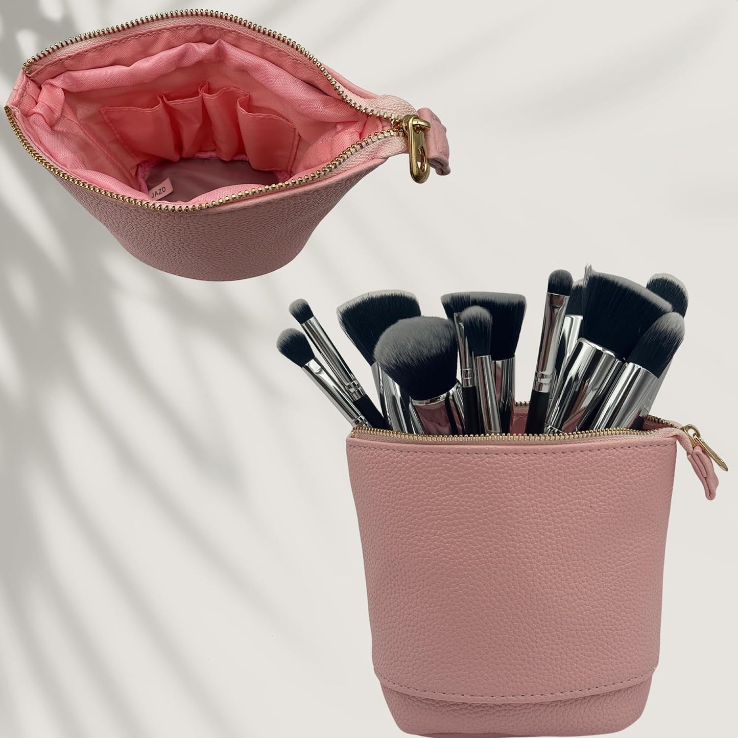 JAZD Travel Makeup Brush Bag Standup Brush Holder Portable Convertible Make up Brush Pouch Cosmetic Case (PINK)