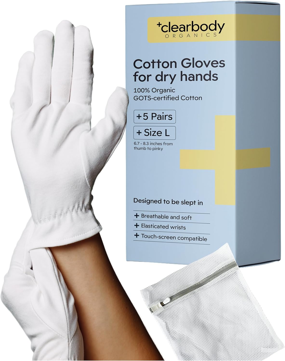 Clearbody Organics Organic Cotton Gloves - 5 Pairs, Large, White - White Cotton Gloves for Sensitive Skin - Hydration Barrier for Dry Hands