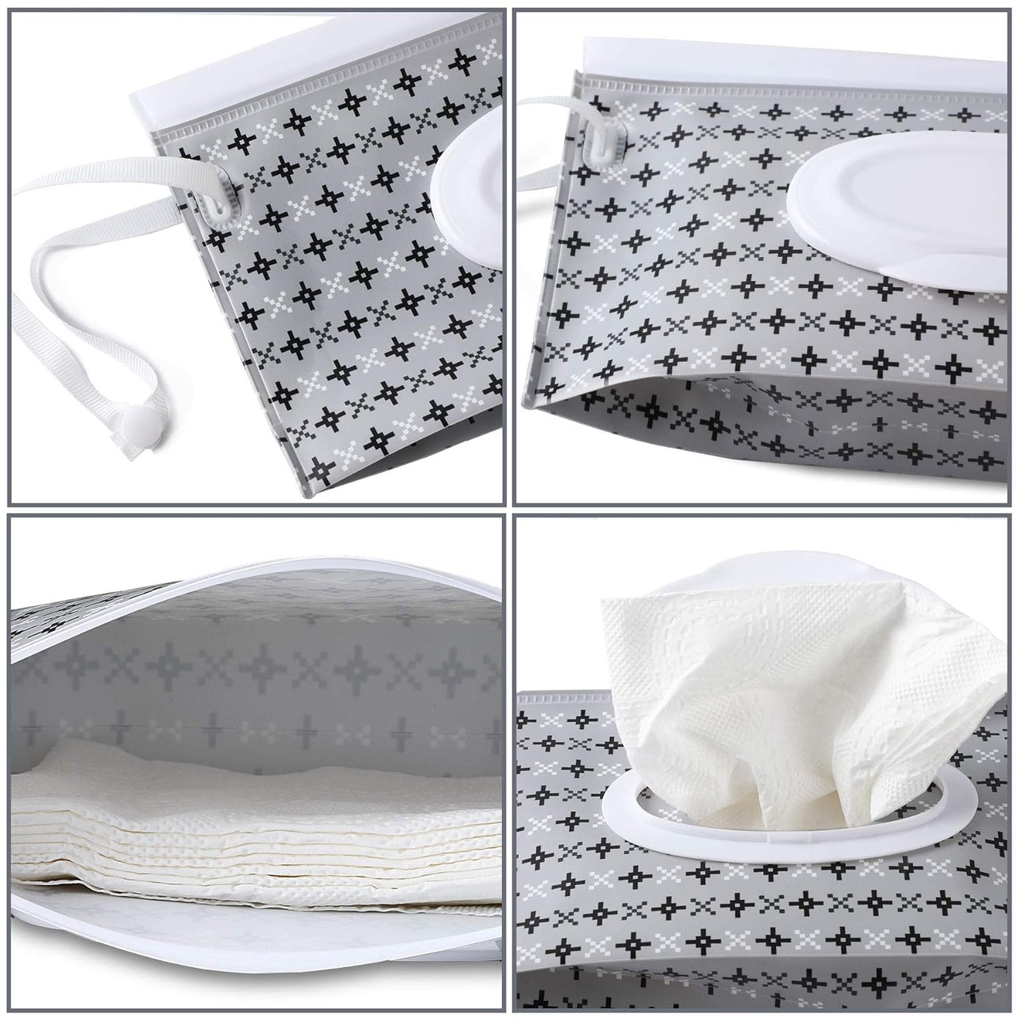 FEBSNOW 4 Pack Baby Wipe Dispenser, Portable Refillable Wipe Holder, Baby Wipes Container, Wipe Dispenser, Reusable Travel Wet Wipe Pouch (Geometric)