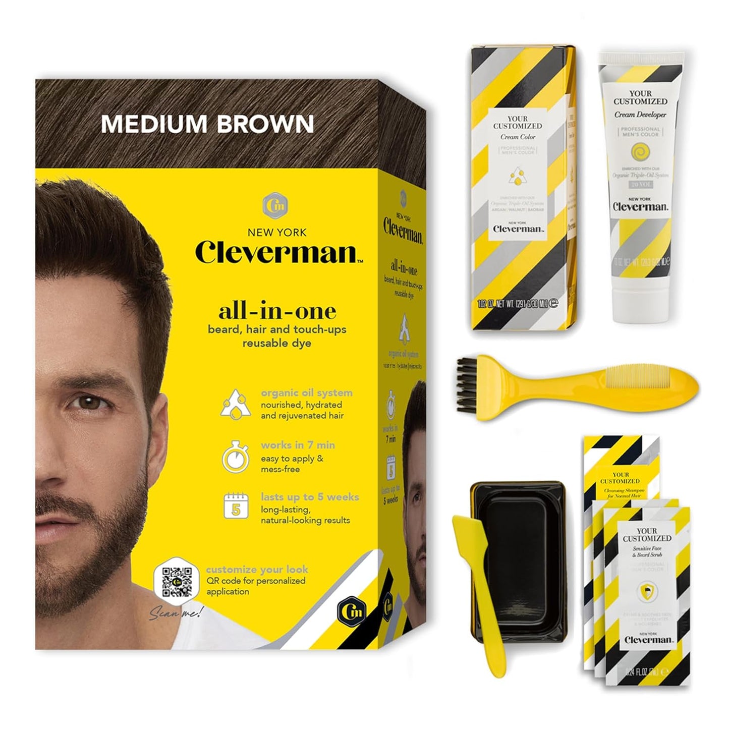 Cleverman Hair & Beard Dye Kit for Men, All-in-One Reusable Mens Hair Color, Natural Gray Coverage, Ammonia-Free Beard Mustache Dye for Men (Medium Brown)