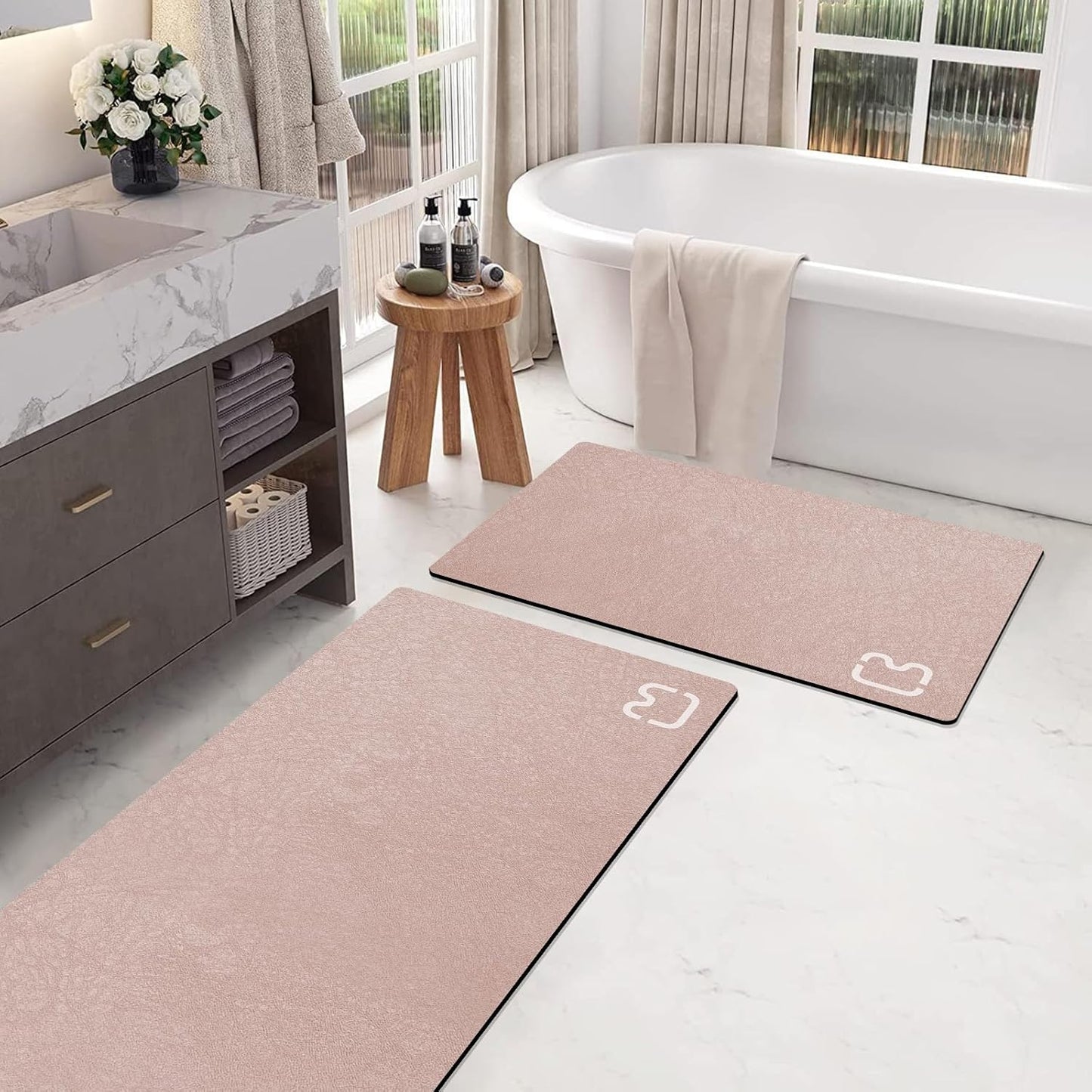 2 Piece Bathroom Rugs Mat Set - Quick Dry Diatomaceous Earth Bath Mat for Bathroom Non-Slip Bath Rug with Rubber Backing, Absorbent Bath Mat Thin Bath Floor Mat, 15.7x23.6+15.7x47.2 Inch, Blush Pink