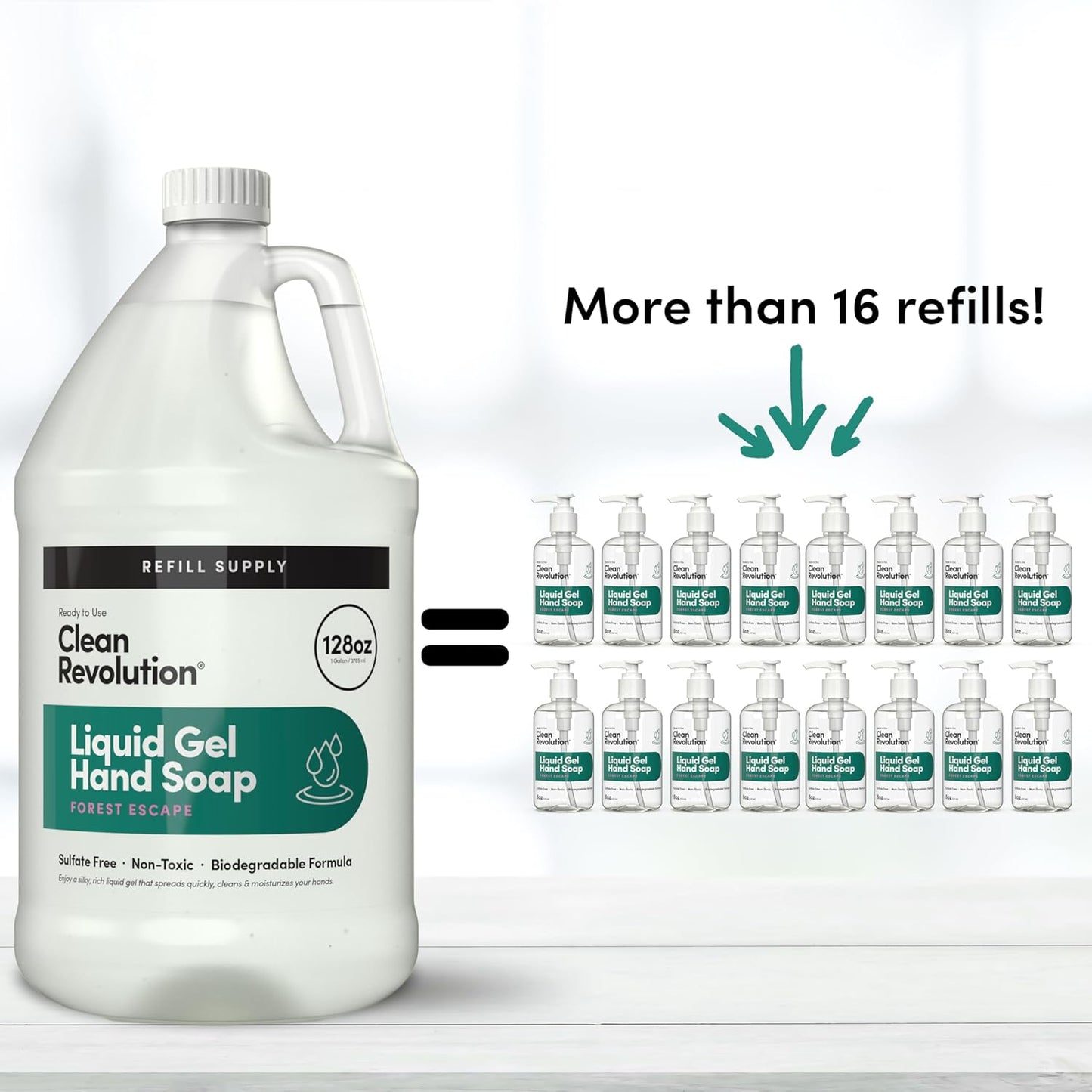 Clean Revolution Liquid Gel Hand Soap, Silky Rich Liquid, Quick Lather, Fast Rinsing, Contains Real Essential Oils (Forest Escape) 128 Fl Oz