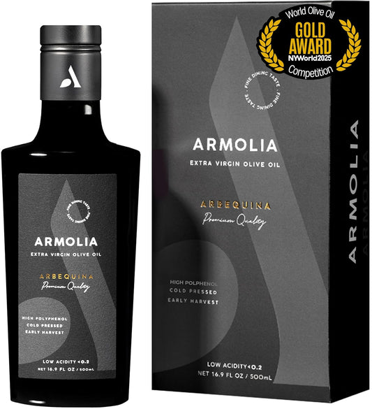 ARMOLIA 24-Pack Olive Oil Extra Virgin, Cold Pressed, Early Harvest, High Polyphenol (<400 mg/kg), Low Acidity (0.14%), 2025 Gold Award Winner, Drinking Premium Glass Bottle EVOO ( 24 Pack x 500mL , 405.6 Oz )