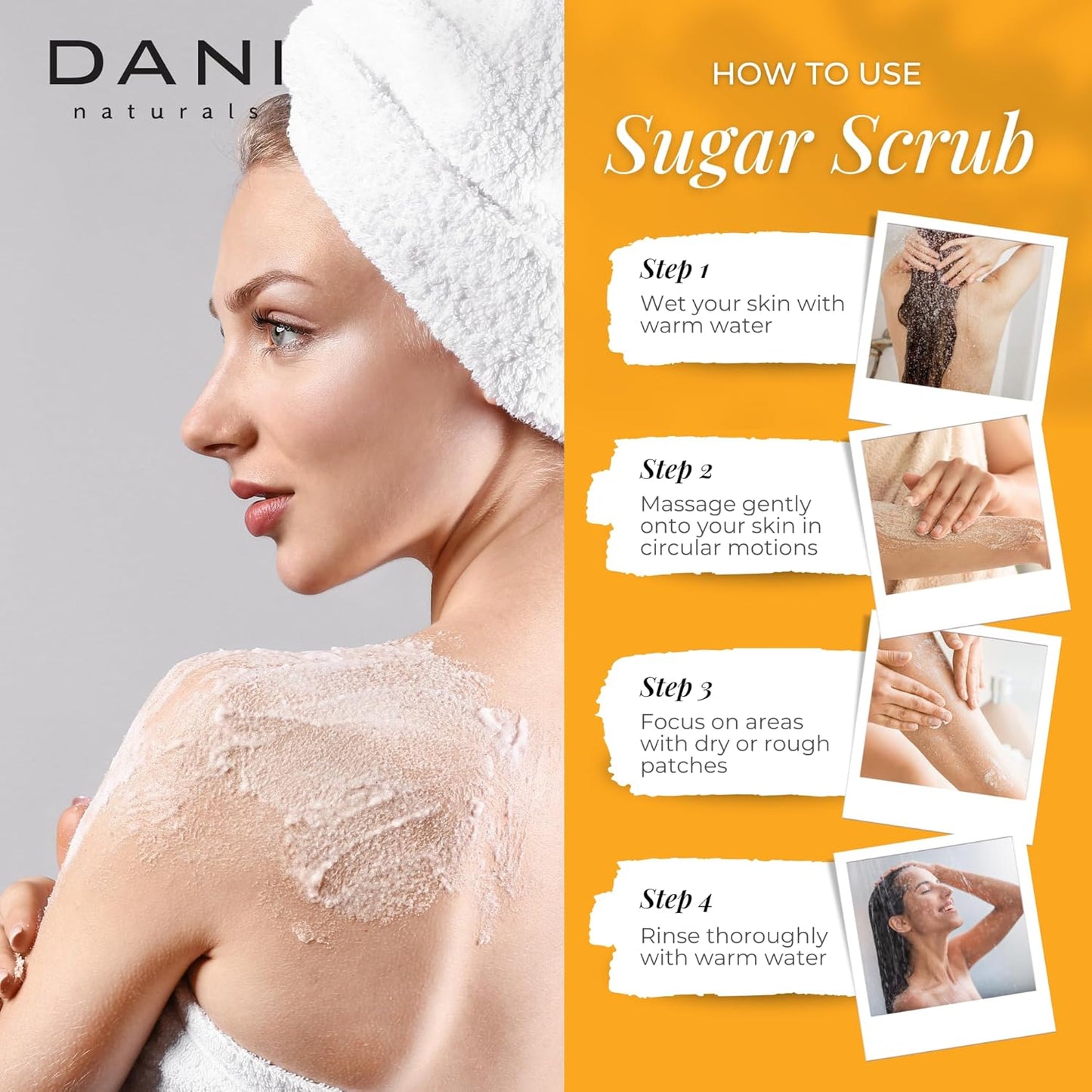 DANI Naturals Sugar Scrub - Gently exfoliates with organic cane sugar, leaving skin soft and radiant. Infused with grapefruit and ginger, it deeply moisturizes. 14 oz