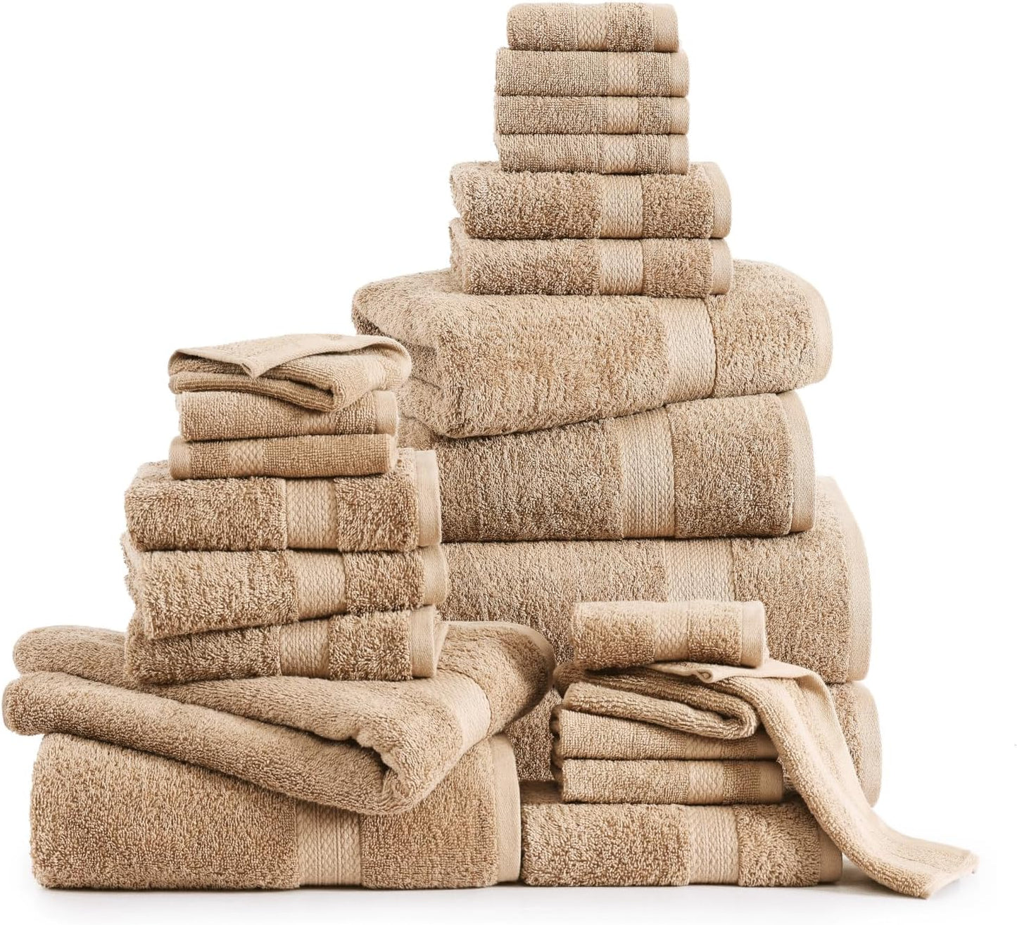 LANE LINEN 100% Cotton Bathroom Towels Set - 24 Pcs - Ring Spun Technology - 2 Bath Sheets, 4 Fingertip, 4 Bath, 6 Hand Towels, 8 Washcloths - Very Soft & Absorbent Even After Multiple Washes - Beige