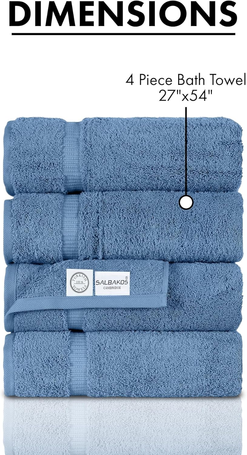 SALBAKOS 100% Turkish Cotton Bath Towel Set of 4 27x54 inch | Heirloom Quality | Hotel & Spa Collection | Ultra Soft, Super Absorbent, Long Lasting Bath Towels | Made in Turkey (Blue, 4 Bath Towels)