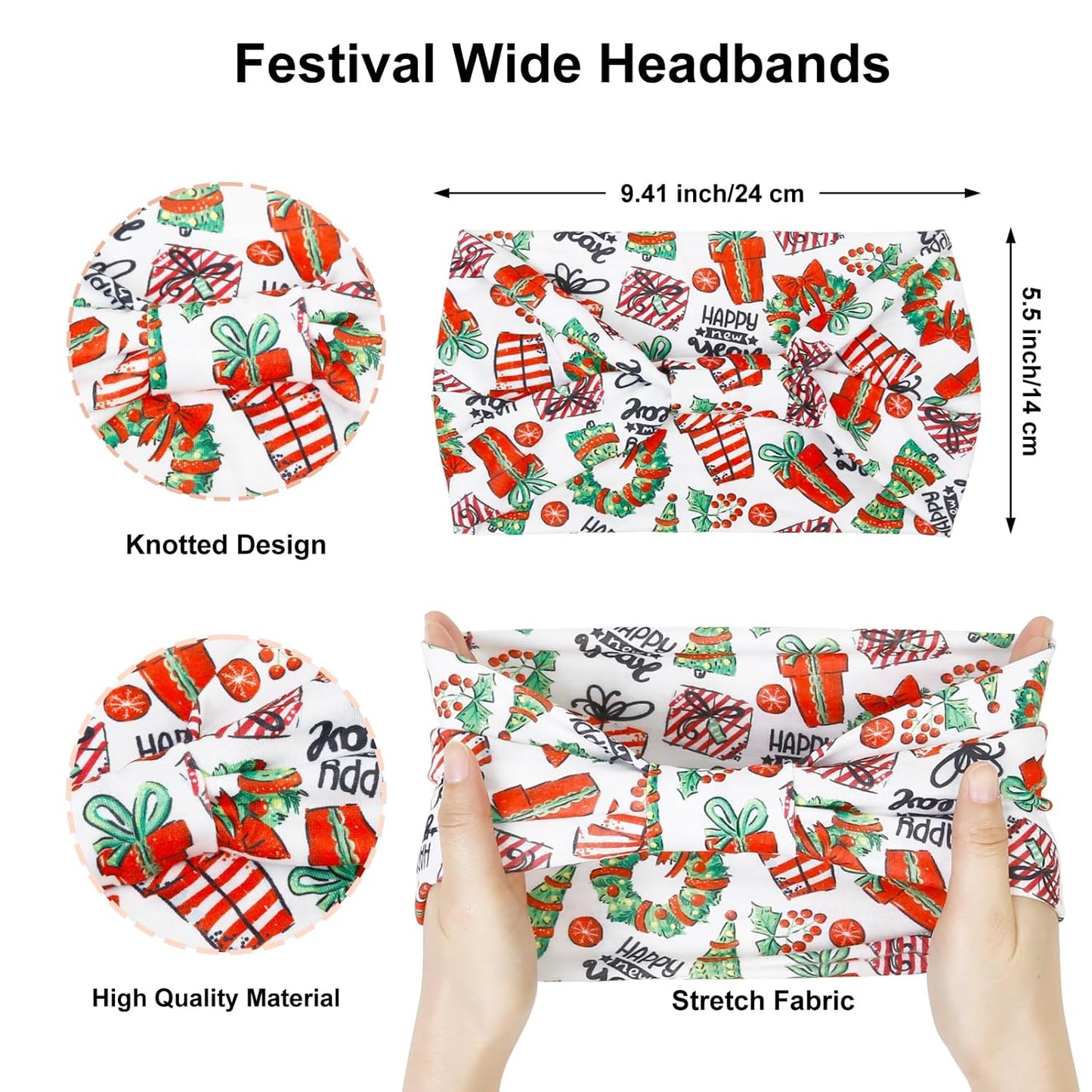 Huachi Christmas Headbands for Women Cute Knotted Head Bands Girls Hair Accessories Red Green Hairbands Fashion Snow Funny Hairwear Holiday Gifts (Pack of 4)