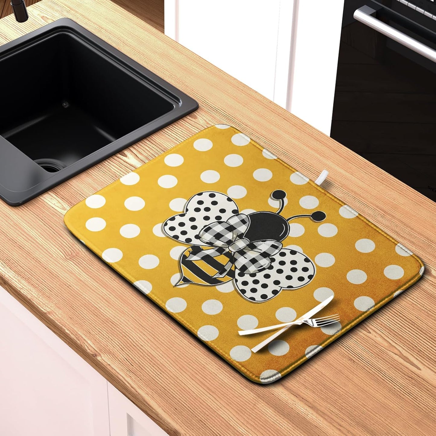 Bee Dish Drying Mat for Kitchen Counter 18x24 Inch Yellow Bumblebee Polka Dots Dishes Pad Cute Honey Bees Dish Draining Microfiber Absorbent Dish Drainer Rack Mat Large Kitchen Accessories