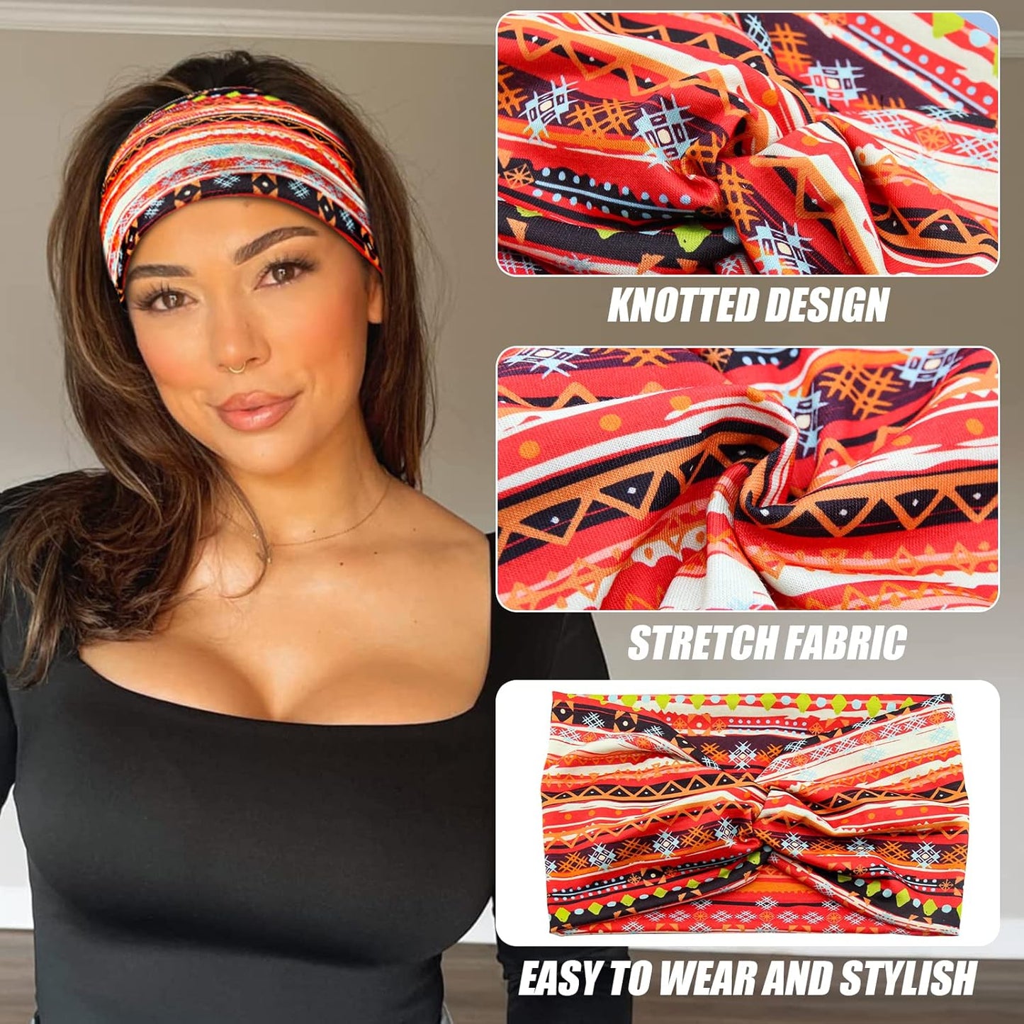 Wide African Headbands for Women Boho Twist Head Bands Elastic Turban Headwraps for Lady Yoga Sports Workout Stretchy Hairband,Pack of 8