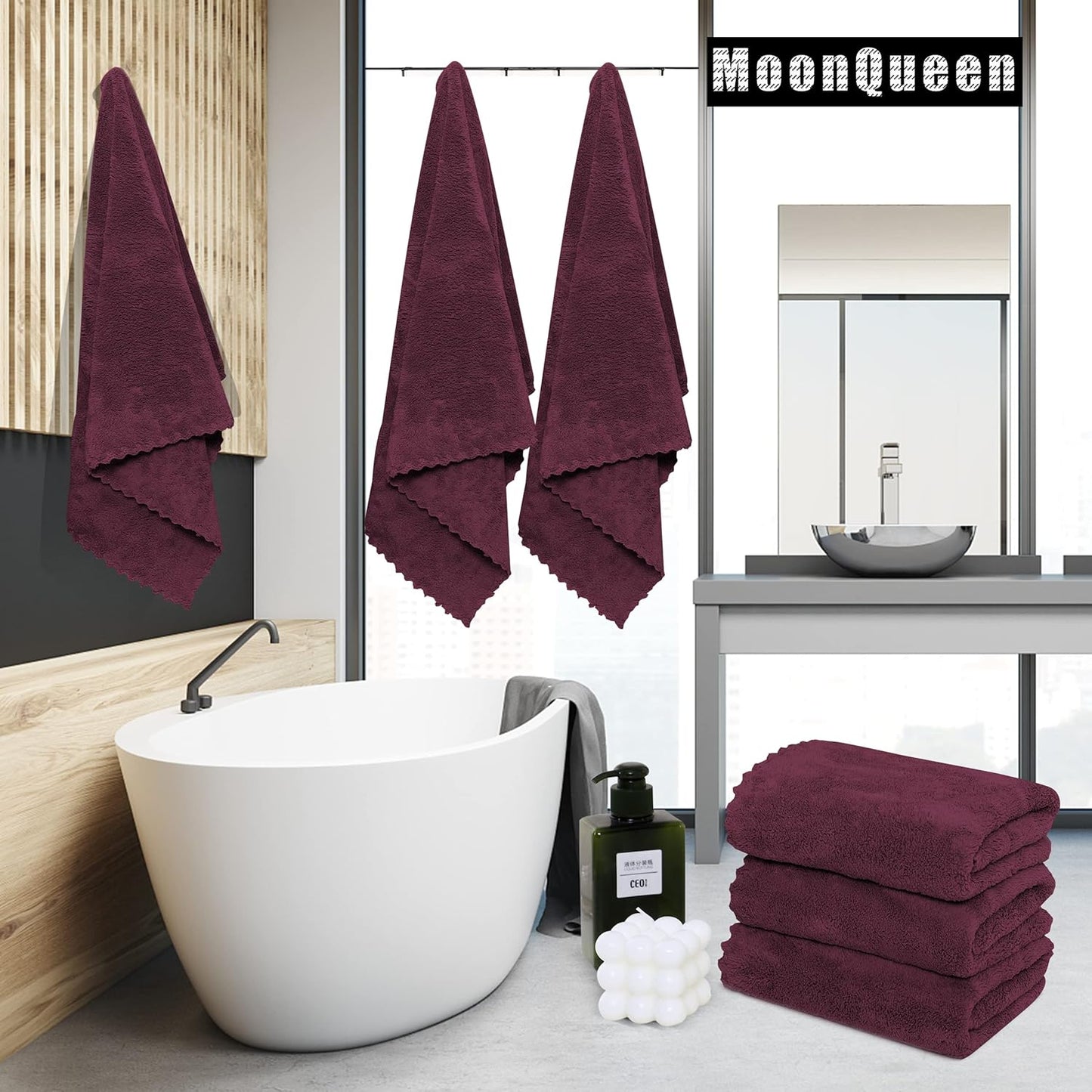 MOONQUEEN 2 Pack Premium Bath Towel Set - Quick Drying - Microfiber Coral Velvet Highly Absorbent Towels - Multipurpose Use as Bath Fitness, Bathroom, Shower, Sports, Yoga Towel (Burgundy)