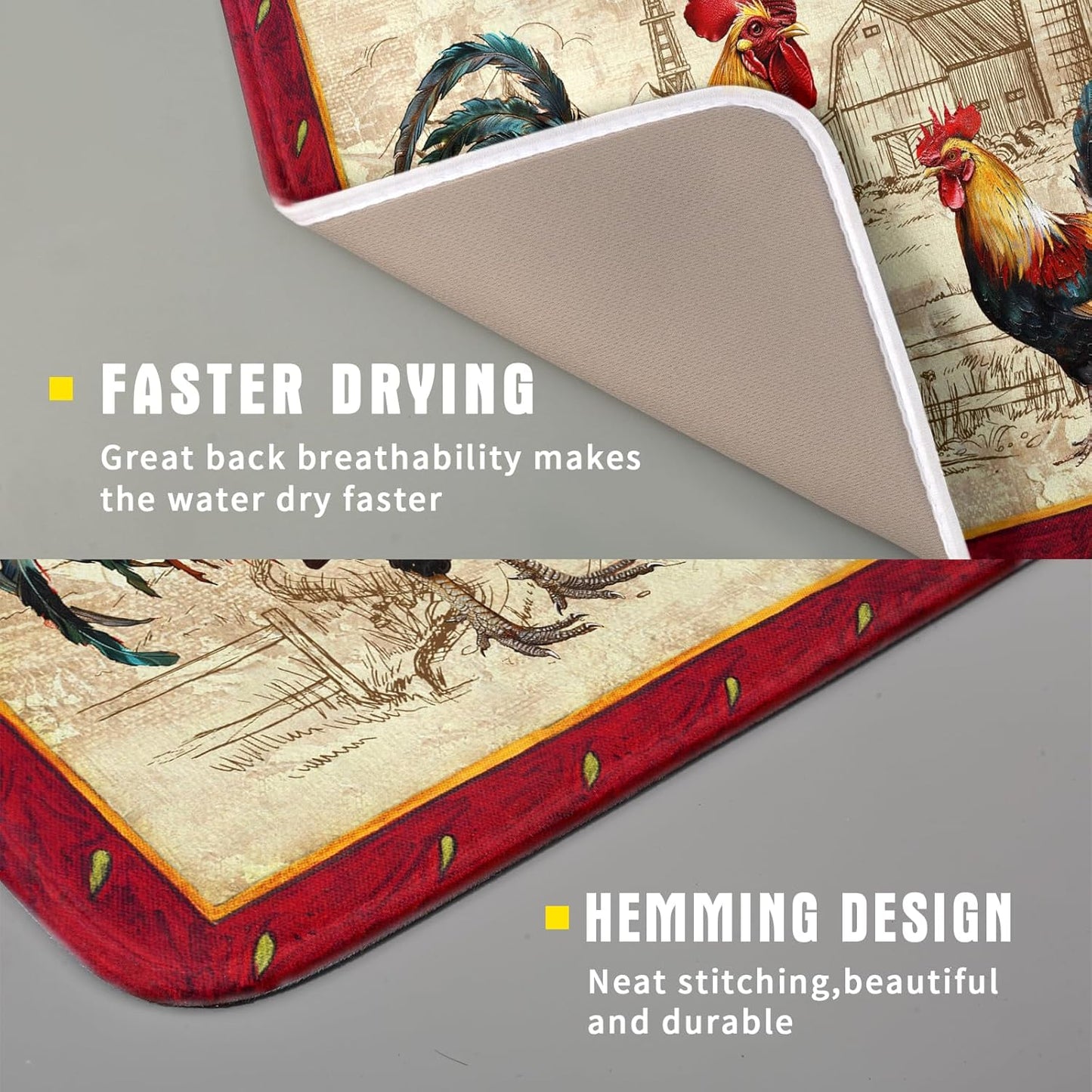 Farm Rooster Dish Drying Mat for Countertop 16x18 Inches Red Rustic Chicken Absorbent Microfiber Dry Dishes Pads Kitchen Counter Accessories