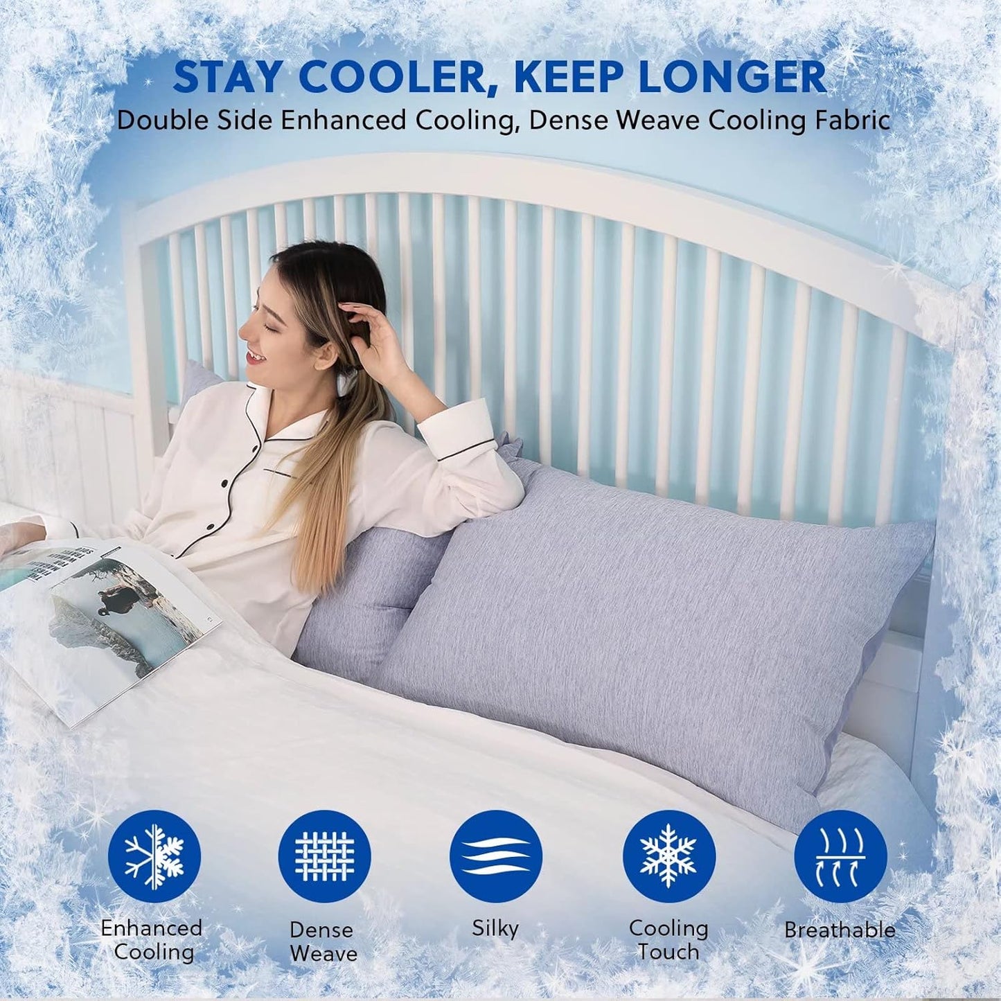 HOMFINE Cooling Pillowcases Standard Size - Double Side Q-Max 0.439 Cooling Fiber for Pillow Protector, Breathable Cold Pillow Cover for Hot Sleeper Night Sweat, Hidden Zipper, 2 Pack (20"x26", Blue)