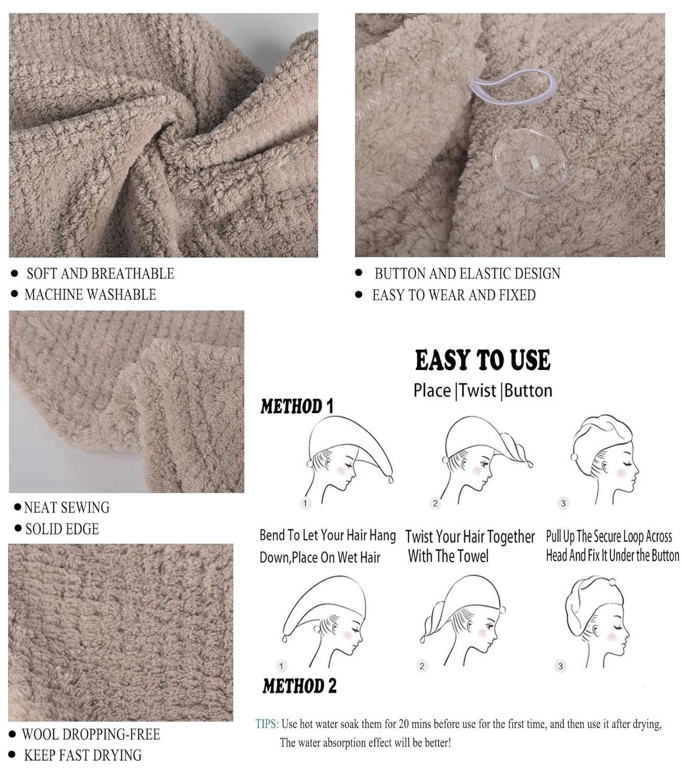 ELLEWIN Hair Towel Wrap 3 Pack, Microfiber Hair Drying Shower Turban with Buttons, Super Absorbent Quick Dry Hair Towels for Curly Long Thick Hair, Rapid Dry Head Towel Wrap for Women Anti Frizz