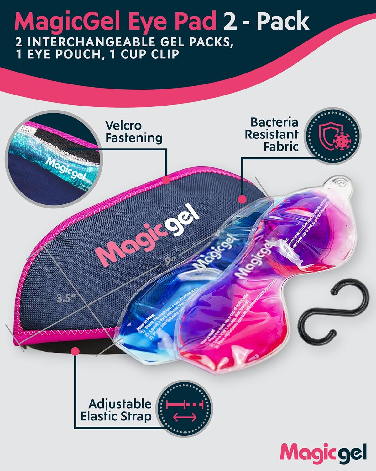Magic Gel Eye Mask Cold Pack | 2 Pack Cooling Eye Mask for Sleeping | Reuable Cold Eye Mask & Hot Eye Compress with Adjustable Strap | Eye ice Pack for Migraine, Styes, Blepharitis, MGD & Tired Eyes