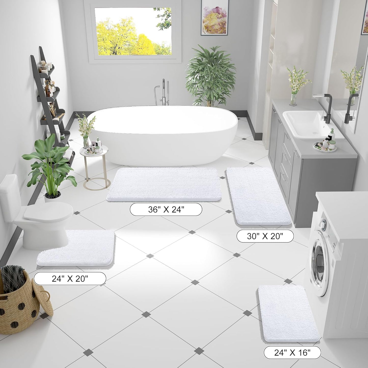 OLANLY Bathroom Rugs 59x35, Extra Soft Absorbent Chenille Bath Rugs, Rubber Backing Quick Dry, Machine Washable Bath Mats for Bathroom Floor, Tub and Shower, Home Decor Accessories, White