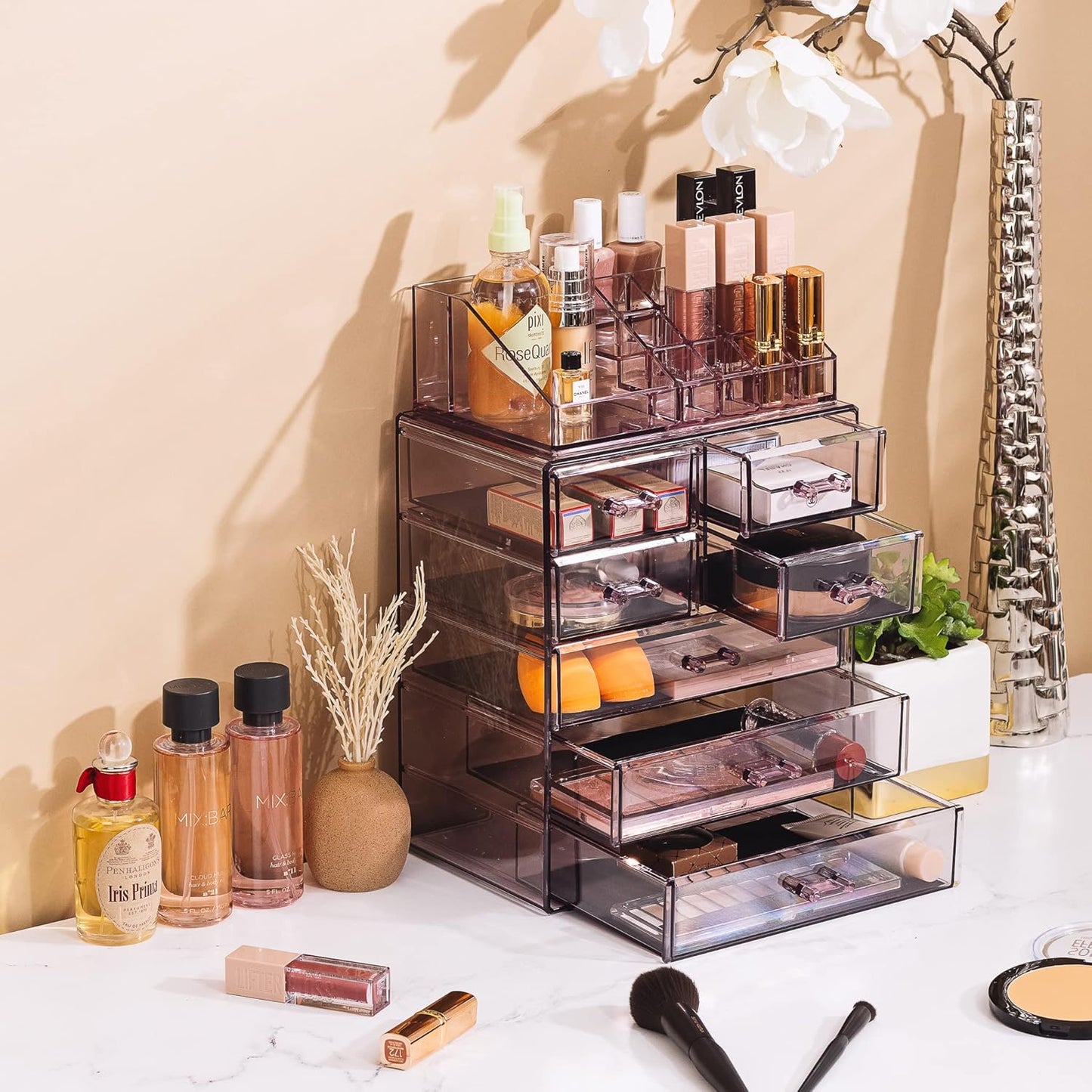 Sorbus Clear Cosmetic Makeup Organizer - Make Up & Jewelry Storage, Case & Display - Spacious Design - Great Holder for Dresser, Bathroom, Vanity & Countertop (3 Large, 4 Small Drawers) [Purple]