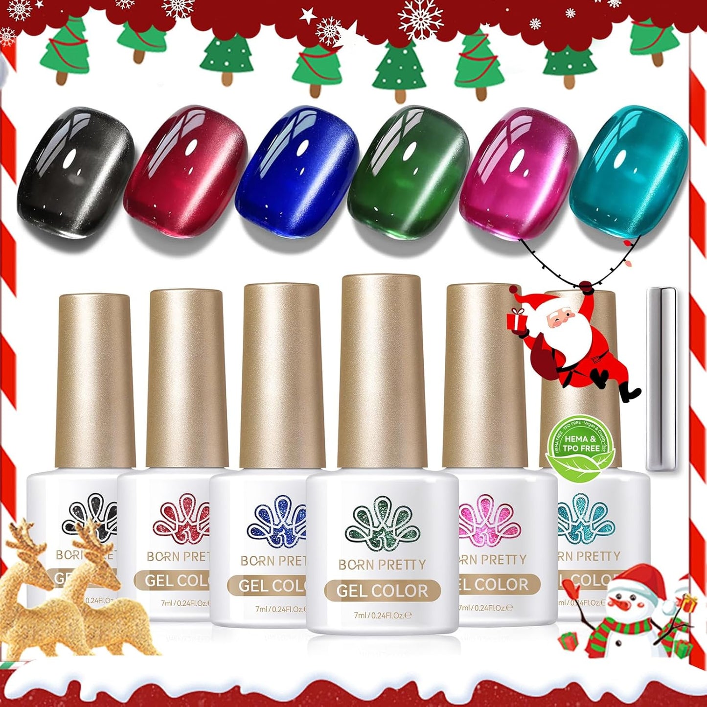 Born Pretty Christmas Cat Magnetic Eye Gel Nail Polish Fall Winter Jelly Red Green Black Blue Crystal Glass Magnetic Shimmer Glitter Nail Polish Salon Gel Manicure and Nail Art DIY at Home 7ML 6PCS