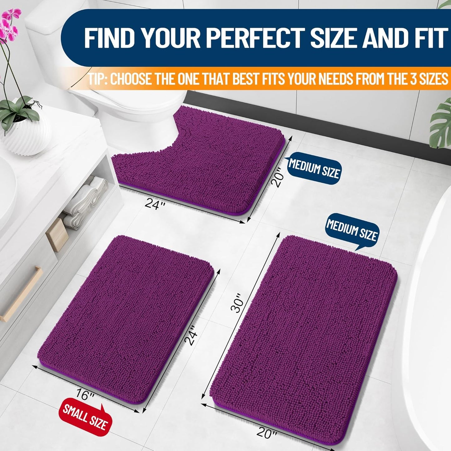OLANLY Toilet Rugs U-Shaped 24x20, Extra Soft Absorbent Chenille Contour Bathroom Rugs for Toilet, Dry Quickly, Machine Washable, Non-Slip Bath Mat, Purple