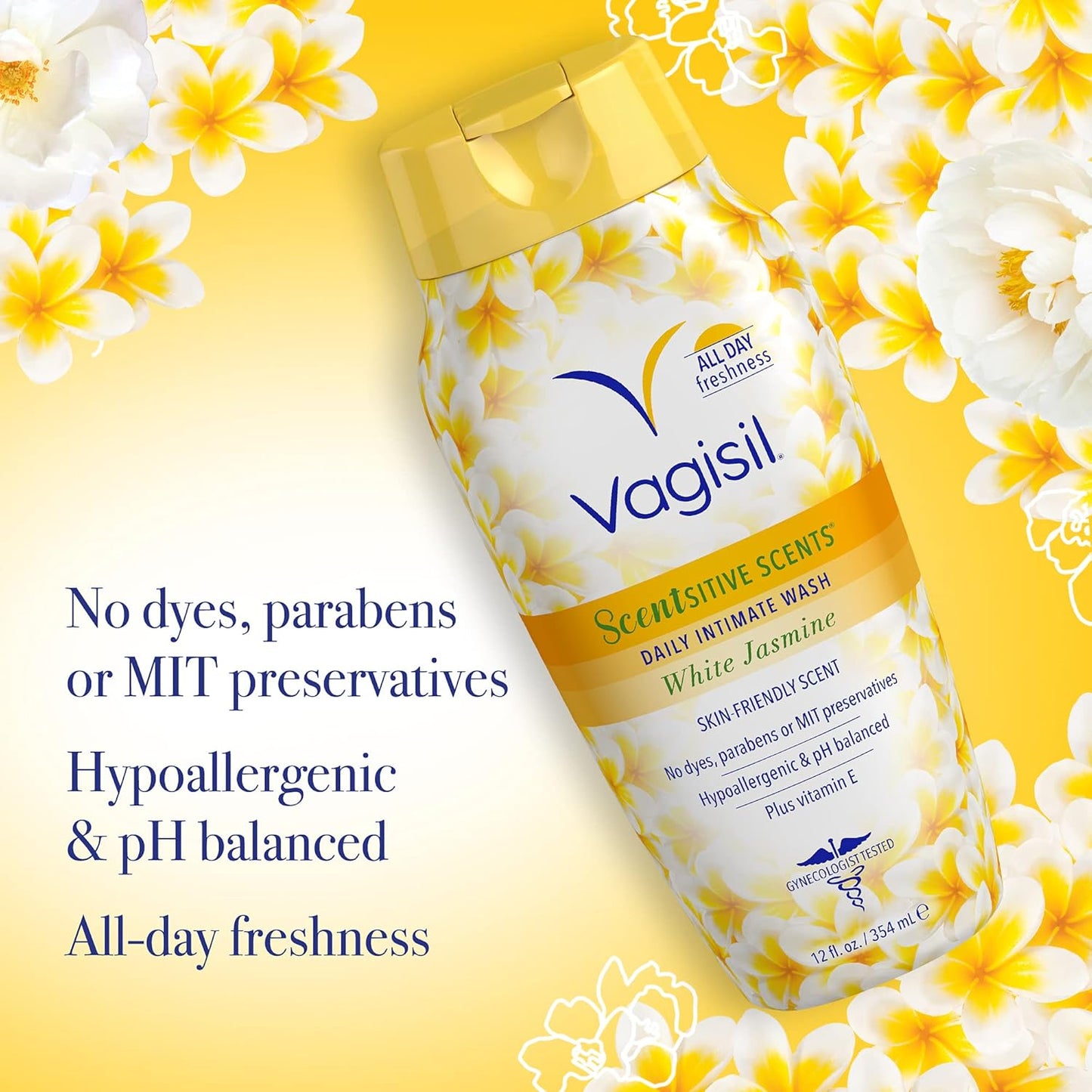 Vagisil Feminine Wash for Intimate Area Hygiene, Scentsitive Scents, pH Balanced and Gynecologist Tested, White Jasmine, 12 oz (Pack of 3)