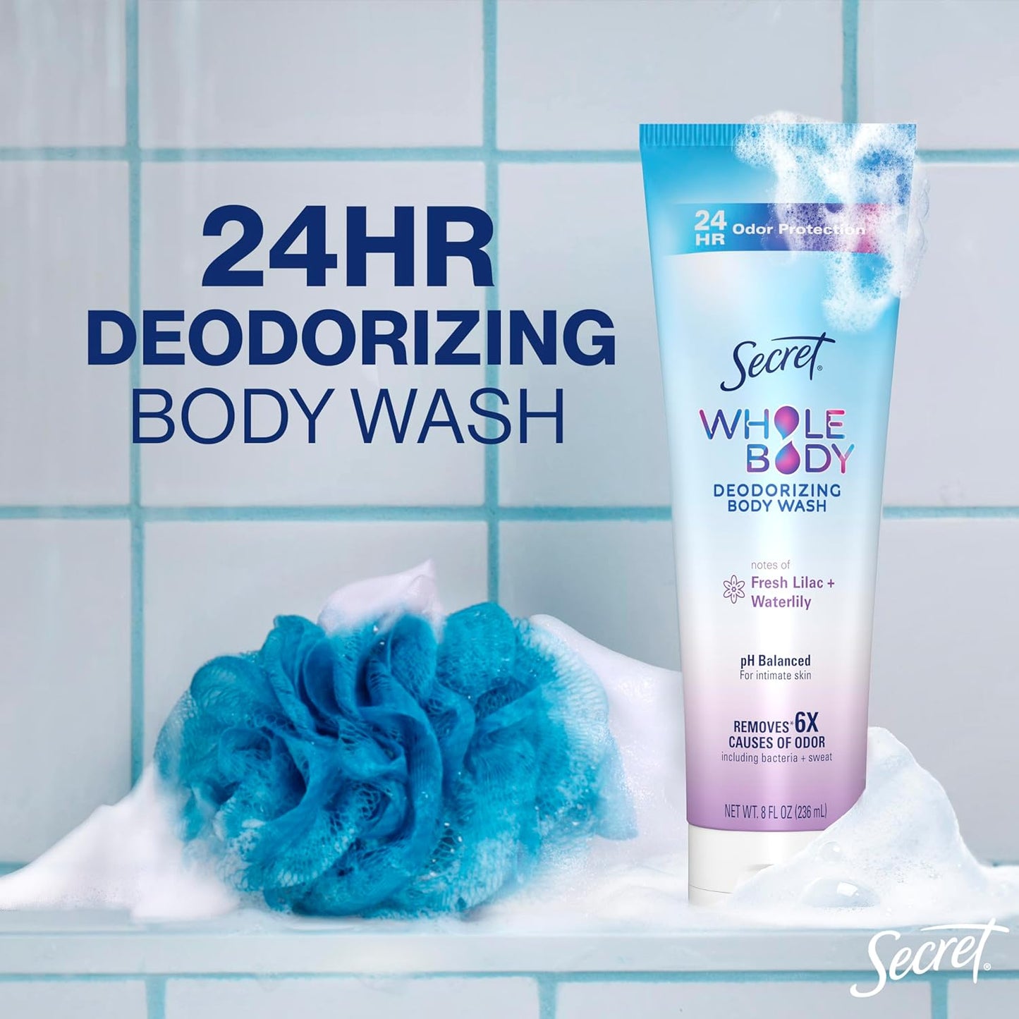 Secret Feminine Wash, 24 HR Deodorizing Feminine Body Wash for Women, Removes 6x Causes of Odor, PH Balanced, Safe to Use Everywhere, Lilac & Waterlily Scent, 8.0 oz