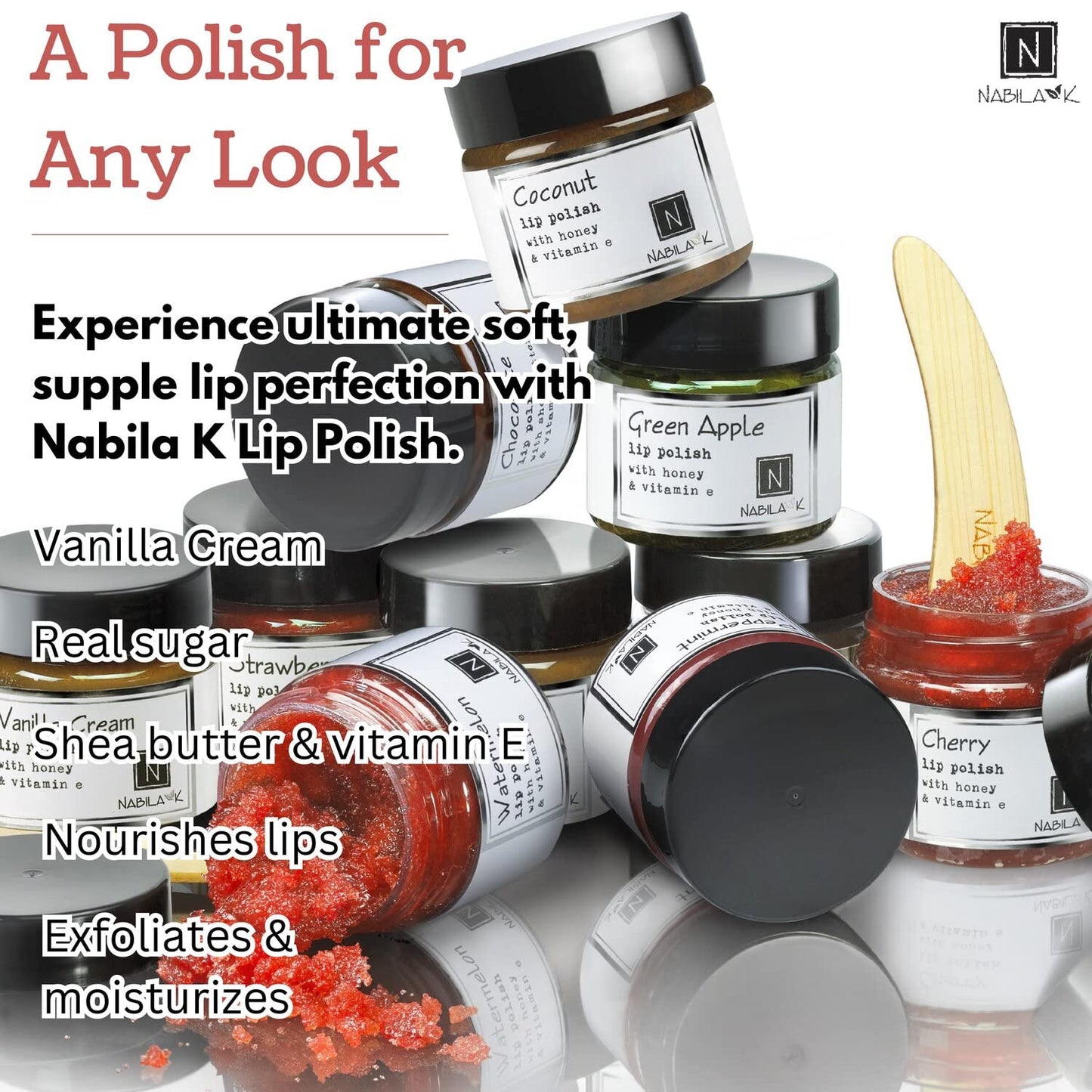 Vanilla Cream Lip Polish, 1 oz by Nabila K - Hydrating Lip Exfoliator & Moisturizer with Honey and Vitamin E for Dry and Chapped Lips - Cruelty-Free, Real Sugar, Made in USA