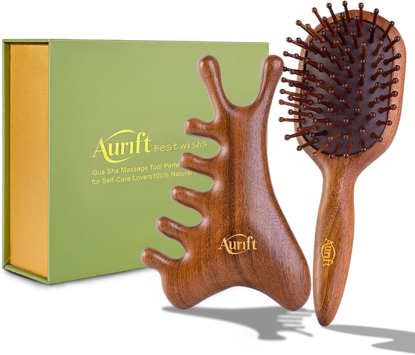 Scalp Massager Brush & Gua Sha Tool Set - Wooden Comb for Scalp Stimulation, Facial Massage & Relaxation, Handcrafted Natural Self-Care Gift Set with Storage Bag, King Wood