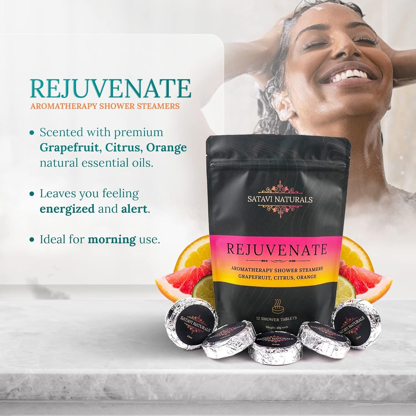Aromatherapy Shower Steamers (12-Pack) Rejuvenate - Grapefruit, Citrus, Orange Scented Vapor Tabs for Self-Care, Aromatic Shower Bath Bombs, Natural Essential Oils for Women & Men