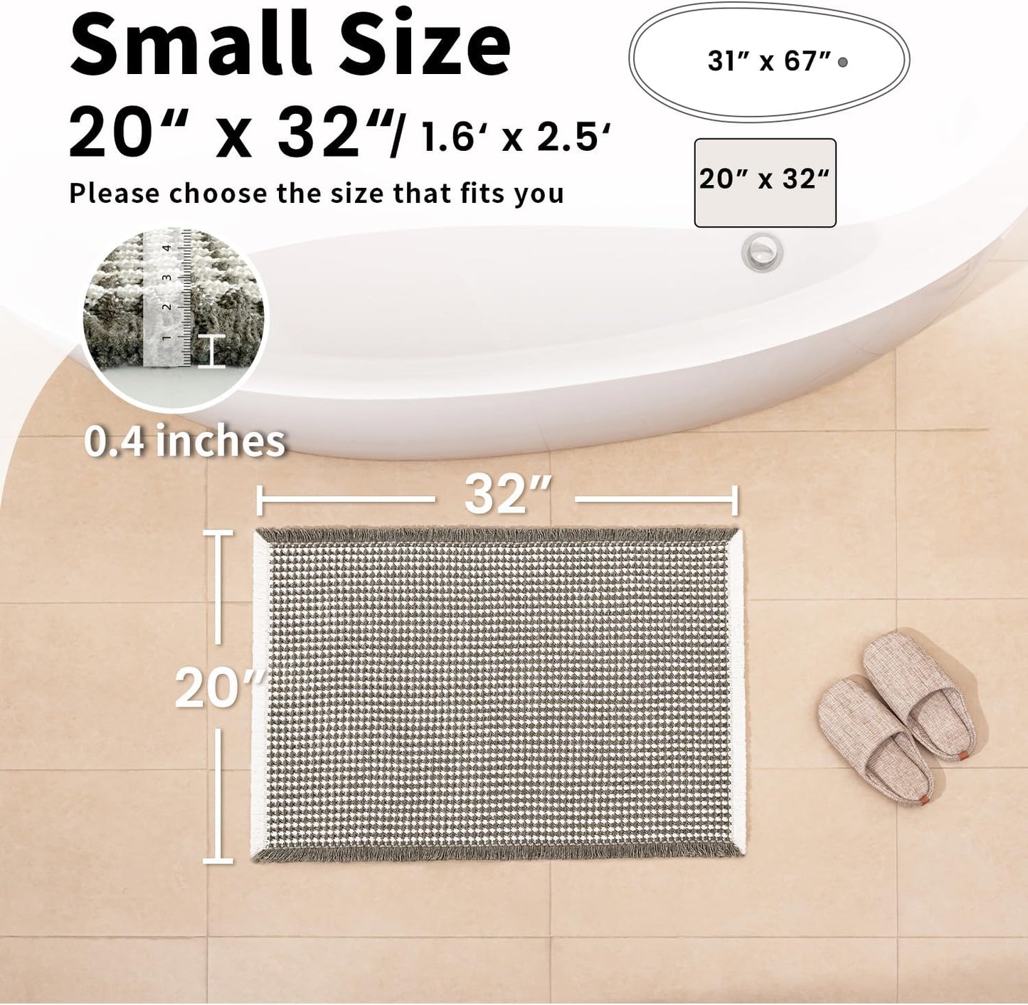 Waffle Bath Mat - Boho Bathroom Rugs Non Slip Washable, Super Absorbent & Quick Dry, Soft Bath Mat Farmhouse Bathroom Decor, 20'' x 32'', Olive Green and White