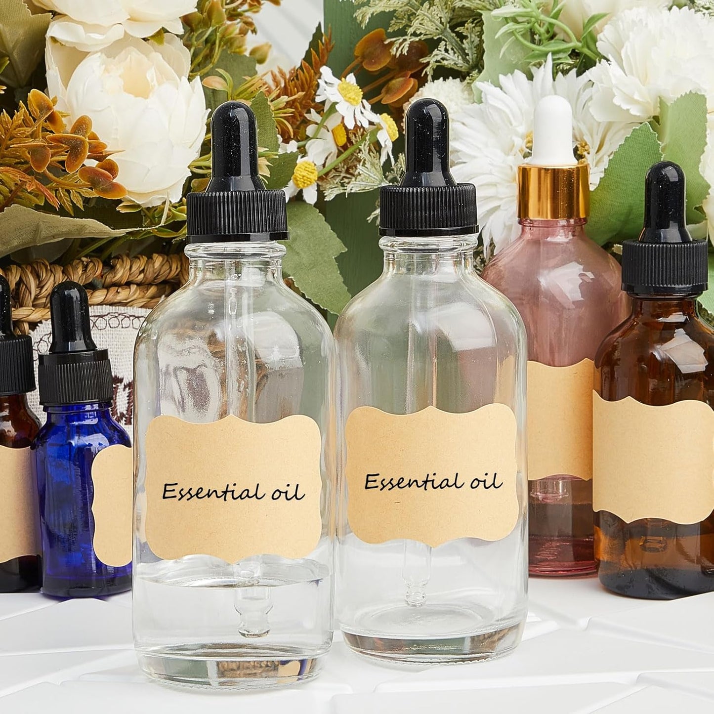 Lallisa 48 Pcs Glass Dropper Bottles with Eye Dropper Dispensers Lab Dropping Bottles with 4 Pcs Long Pipettes 4 Funnel and 80 Label for Travel Cuticle Massage Essential Oils Perfume (Clear,4 oz)