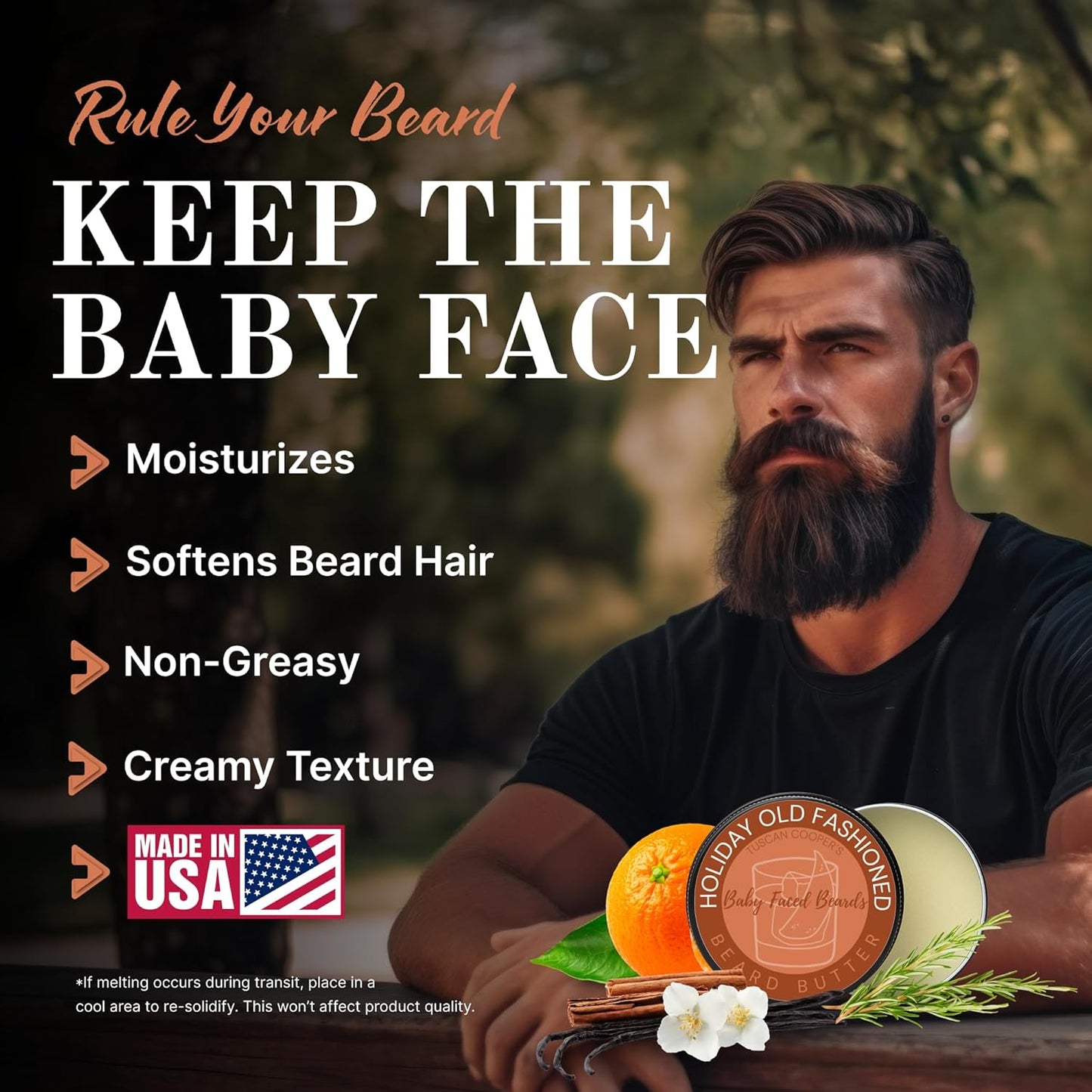 Tuscan Cooper's Baby Faced Beards Butter for Men - Moisturizing Beard Balm Cream and Softener for All Hair Types Including Coarse Hair - 4oz Hydration and Conditioning Care - Holiday Old Fashioned