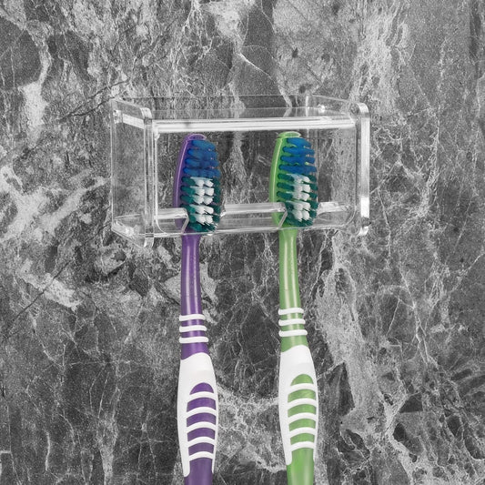 Toothbrush Holder Wall Mounted with Cover for Bathroom, 2 Slots Toothbrush Storage Organizer for Shower, Self Adhesive Toothbrush Hanger Rack for Dorm, Cabinet (Clear)