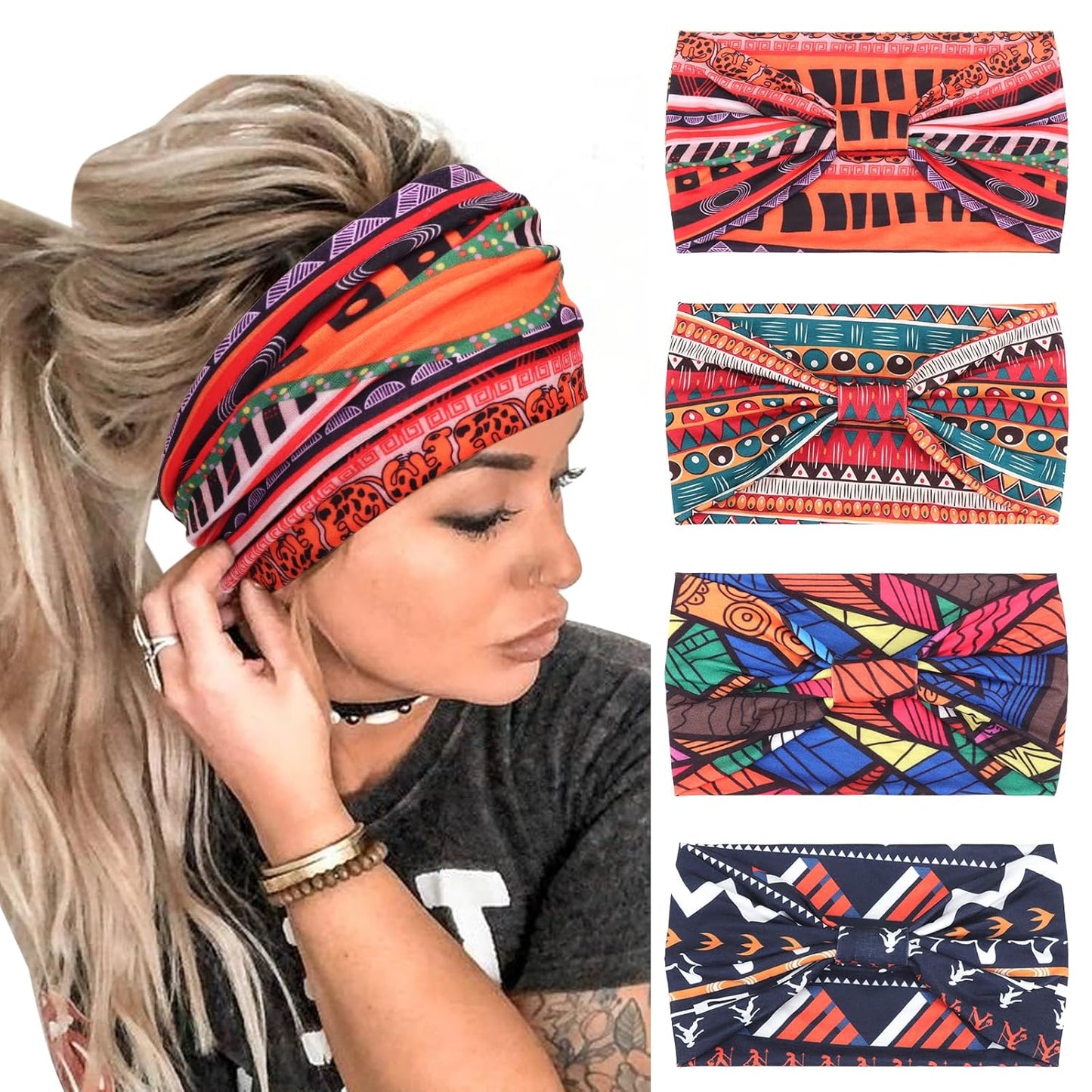 DRESHOW Wide Headbands for Women Knotted Turban HairBands Boho Head Bands for Women's Hair Non-Slip Yoga Workout Hair Accessories 4 Pack