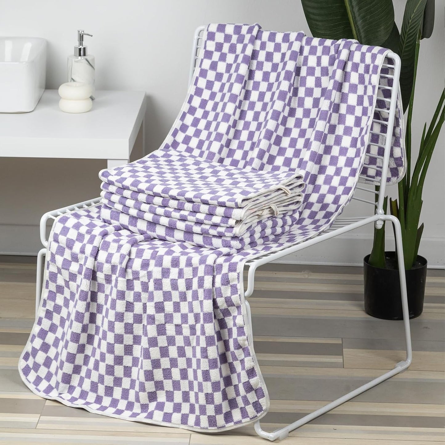 Checkered Bath Towels Set of 6 Large, Microfiber Shower Towels * 2 (55.12"*27.56"), Hand Towels * 4 (29.52"*13.77"),Towels for Bathroom、Pool、Hotel, Spa, Soft Absorbent Quick-Dry（Purple）