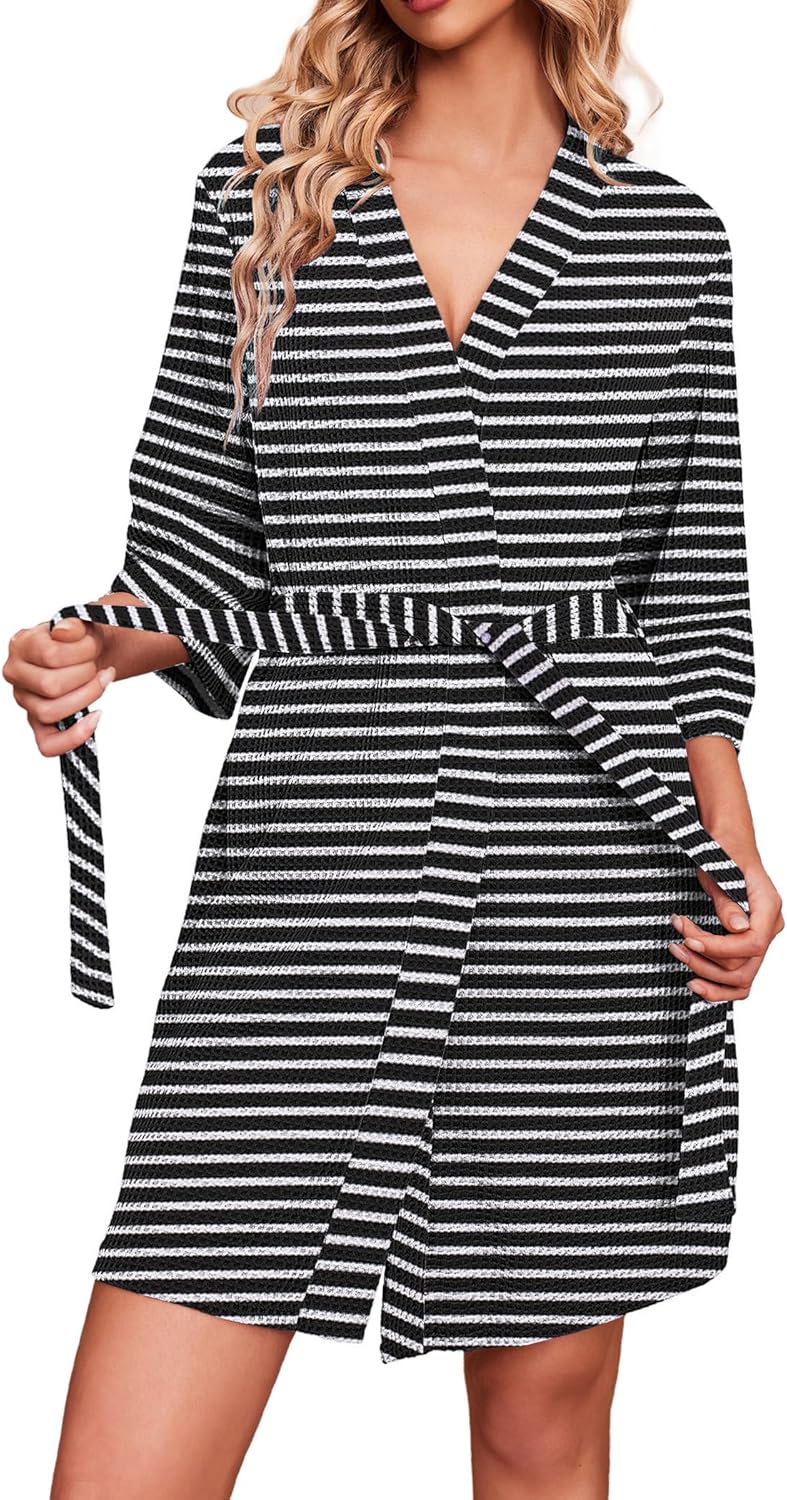 Ekouaer Robes for Women Waffle Knit Bathrobe Soft Lightweight Knee Length Loungewear S-XXL