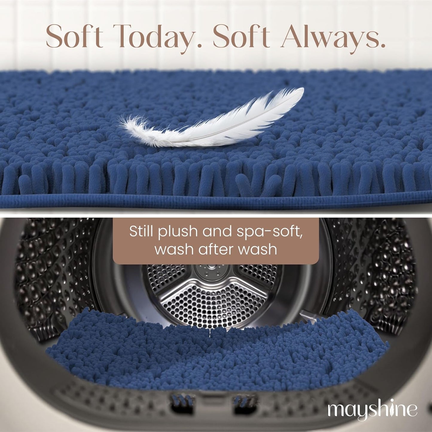 MAYSHINE Plush Shaggy Chenille Bath Mat | Extra Soft, Super Absorbent, Non-Slip Bathroom Rug | Fluffy Microfiber, Area Rug Sets for Bathroom Floor, Kitchen, Living Room | 32"x20" | Dark Blue