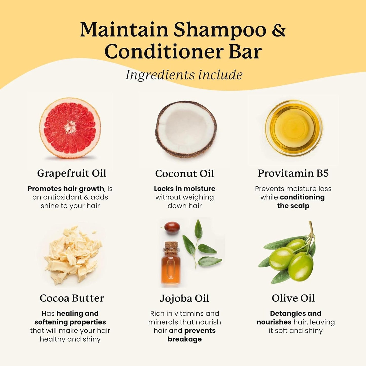 Naturel Maintain Shampoo and Conditioner Bar Set with Grapefruit Oil and Castor Oil for Hair Growth and Shine, Vegan and Cruelty Free, Zero Waste, Made in USA