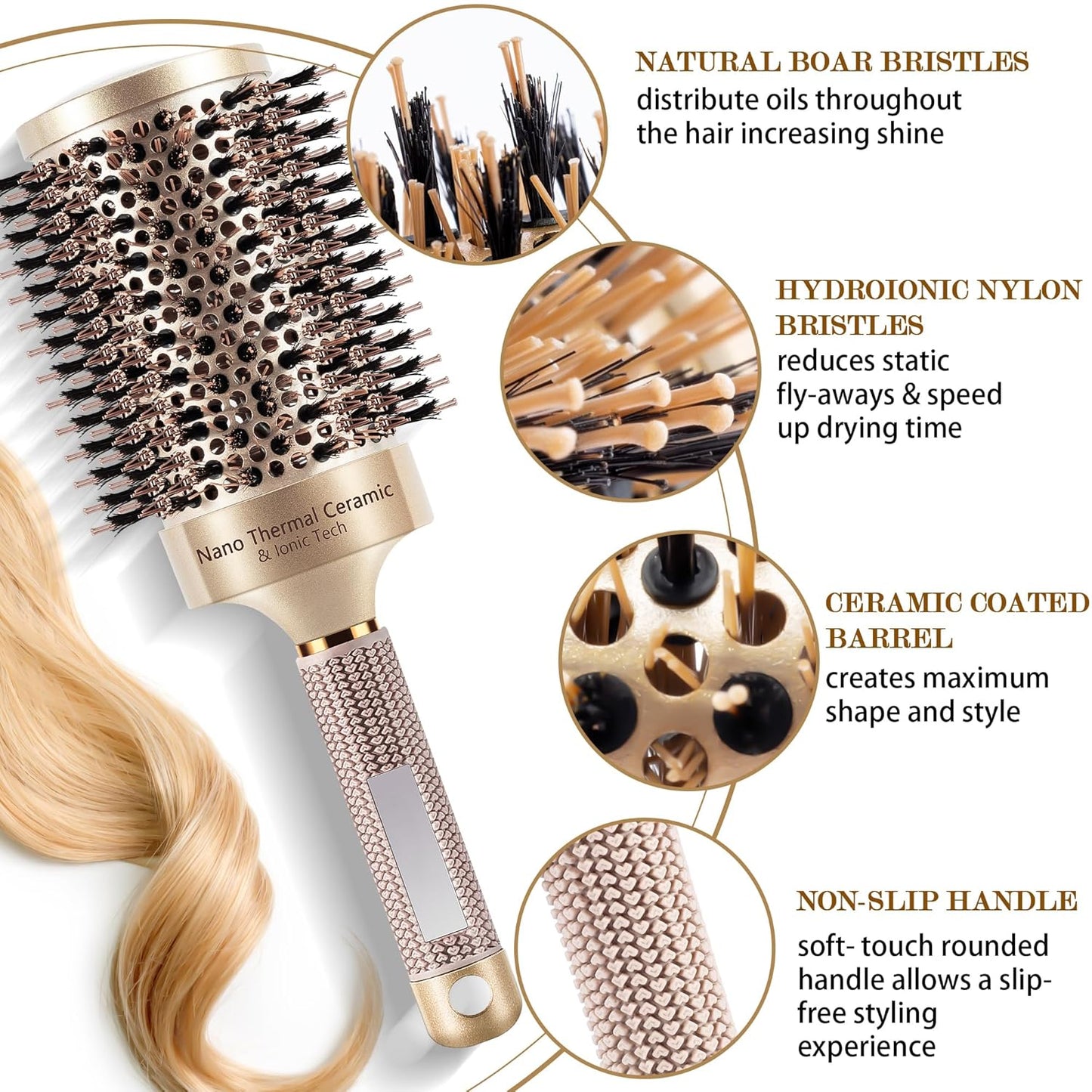 SIMPOR Large Round Brush for Blow Out, Nano Thermal Ceramic & Ionic Tech Round Barrel Hair Brush with Boar Bristles, Roller for Blow Drying (Gold, 4 inch, Barrel 2.7 Inch, 65mm)