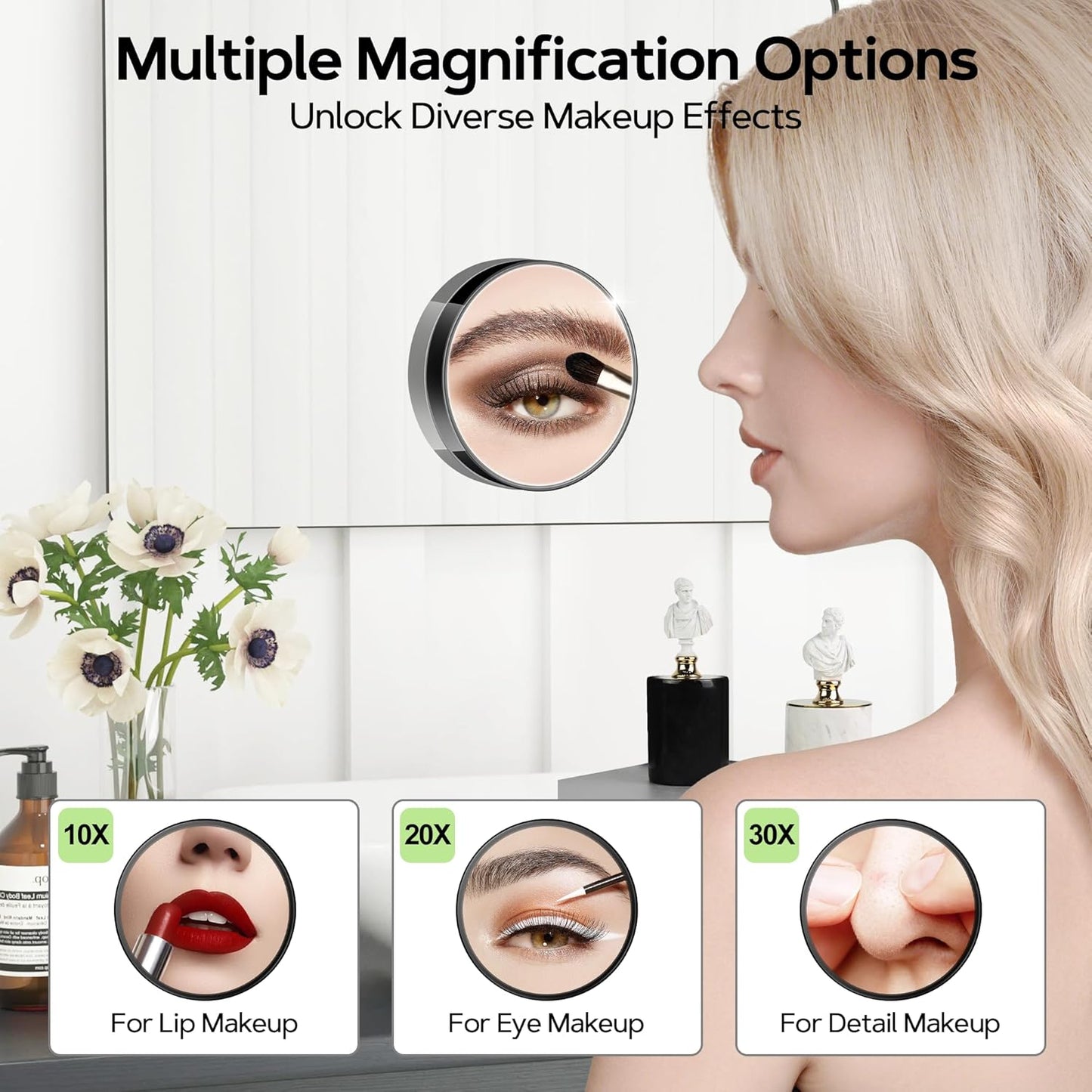 MIYADIVA Magnifying Mirror Set, 10x&20x&30x Suction Cup Makeup Mirror, 2 Tweezers & Storage Bag. 3.5in Compact Mirror for Travel, Bathroom, Home, Gifts for Women