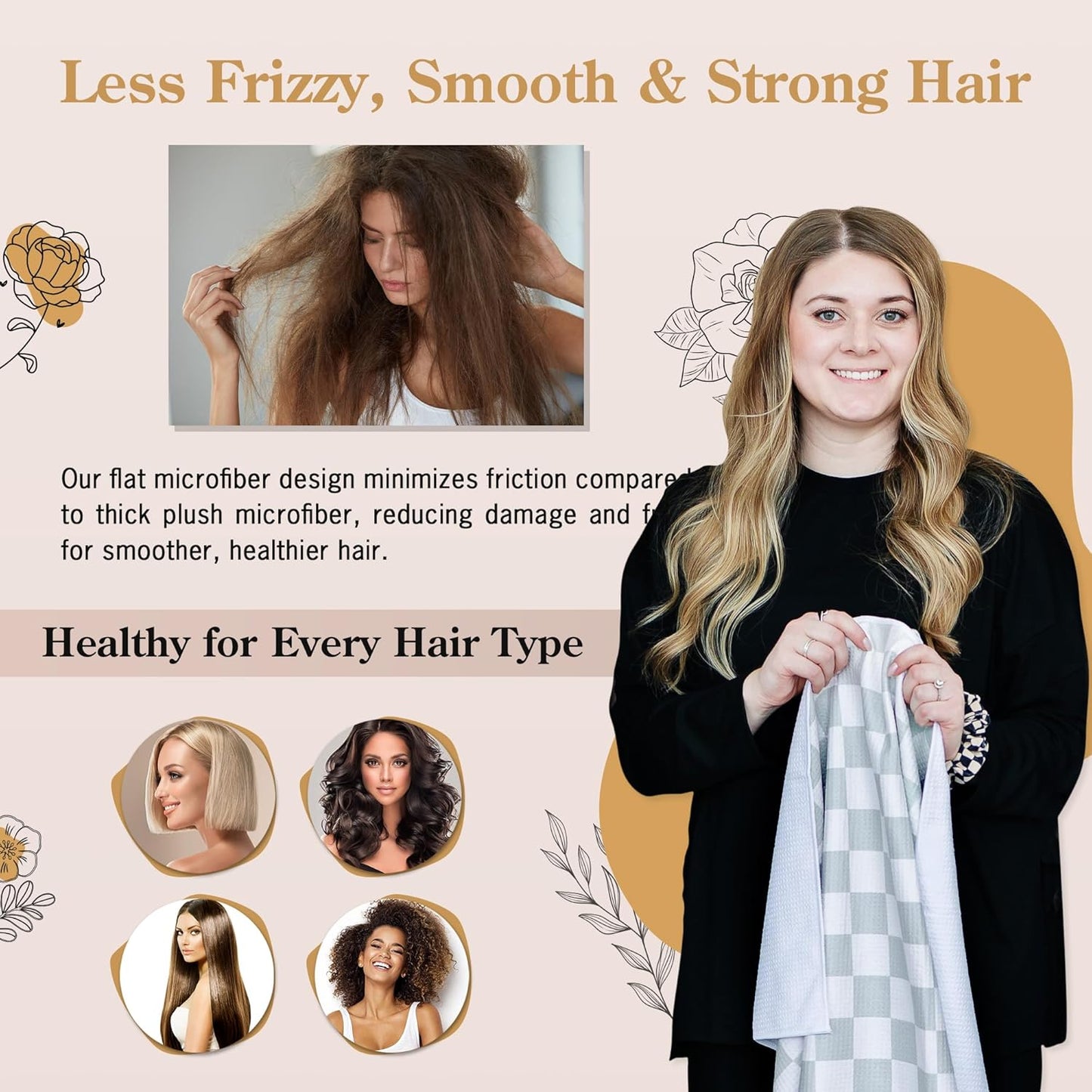 Greige Checkered Microfiber Hair Towel Wrap for Women: Quick Dry, Anti-Frizz Hair Drying Towel for Long, Curly, or Wet Hair. Soft Hair Wrap Turban for Shower, Spa & Travel