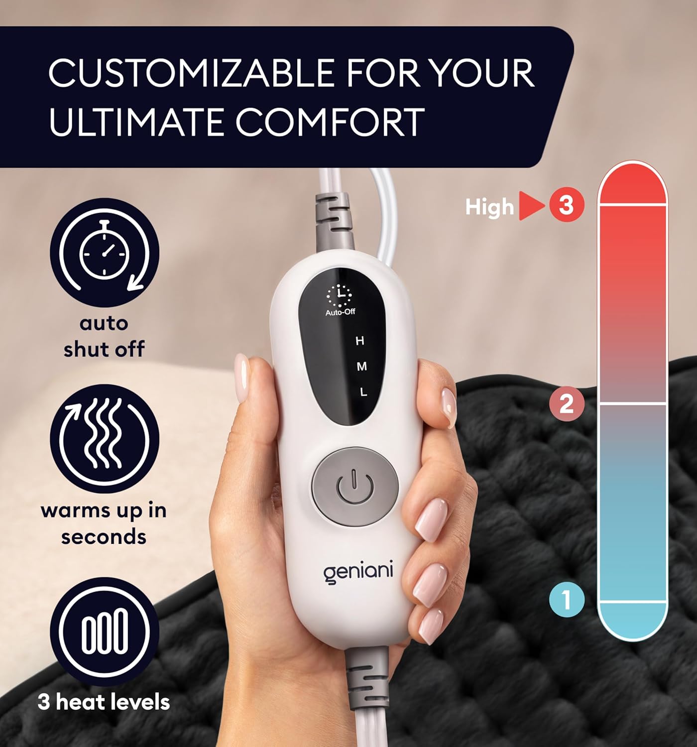 GENIANI Electric Throw – Heated Throw Blanket & Electric Blanket Throw, Heating Pad for Back Pain & Cramps Relief, Auto Shut Off, Washable, Moist Heat Pad for Neck & Shoulder (12"x24" Jet Black)
