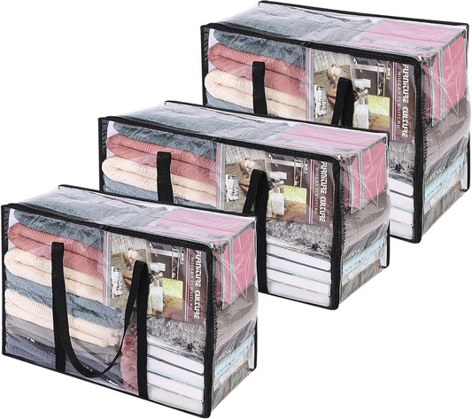 Vieshful 3 Pack 40L+60L+90L Clear Clothes Storage Bag, Zippered Closet Organizer, Plastic Storage Containers Moving bags for Comforter, Blanket, Bedding, Duvet, Toys