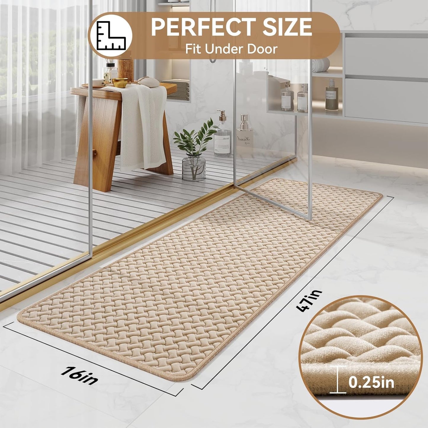 Bathroom Runner Rug Non Slip, Super Absorbent Quick Dry Long Bath Mat, Foam Weave Texture Rubber Backing Ultra Thin Bathroom Mats Fit Under Door Bathroom Floor Bathtub Shower