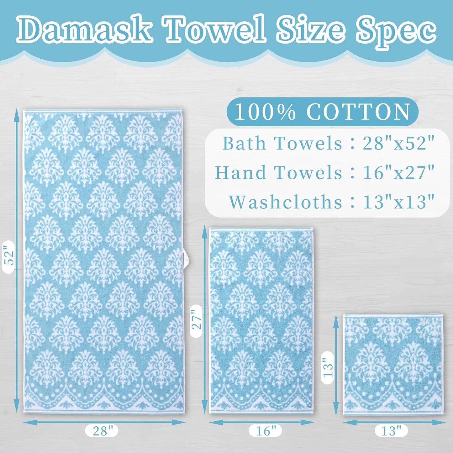 Towels for Bathroom - 100% Cotton | Quick Dry | Thick | Soft | Absorbent | Lightweight, 6PCS Patterned Towels Set, 2 Bath 28"x52", 4 Hand 16"x27", Decorative Towels Set, Aqua and White Damask Jacquard