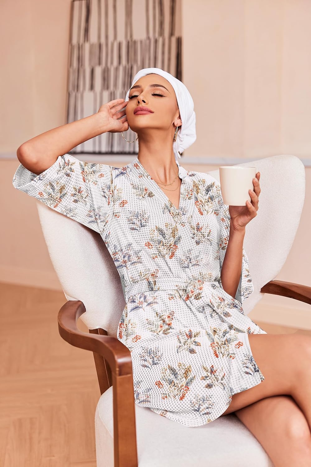 Ekouaer Robes for Women Waffle Knit Bathrobe Soft Lightweight Knee Length Loungewear S-XXL