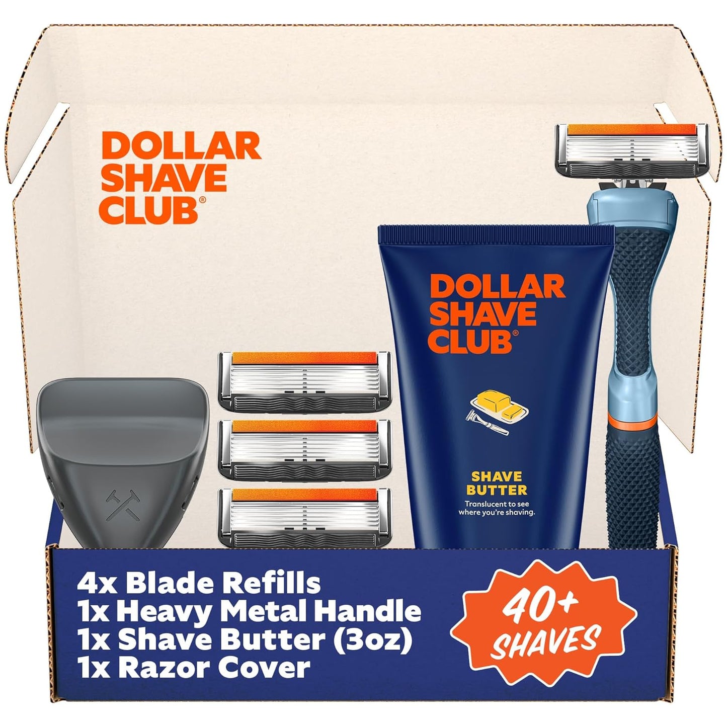 Dollar Shave Club | The Member Exclusive Shave Set | 4 Extra Close Refill Cartridges, 1 Handle (Blue), 1 Shave Butter 3 ounce, 1 Razor Cover, Razors for Men